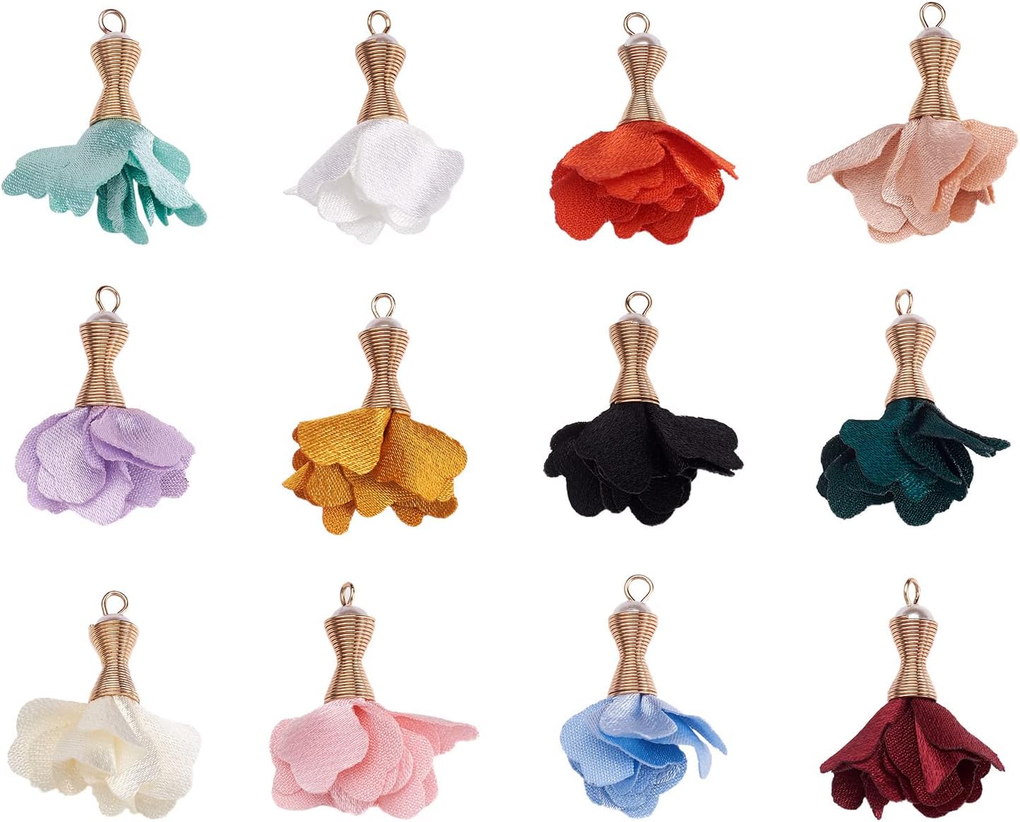 Cheriswelry 200pcs Cloth Fabric Flower Pendants Acrylic Pearl Floral Petal Tassel Charms with Golden Filigree Flower Metal Cap Mixed Color for DIY Earrings Keychain Jewelry Making Crafts 30-35mm