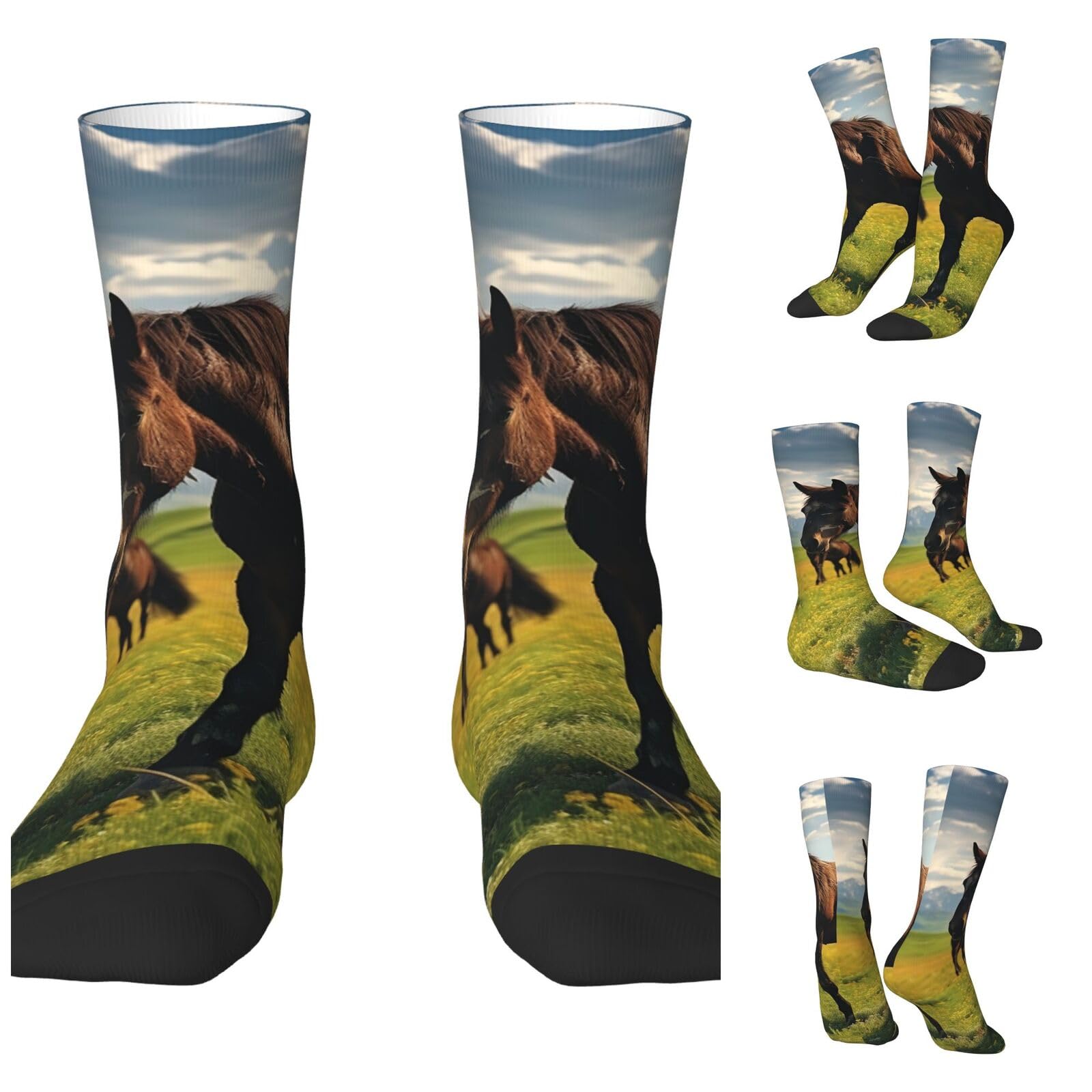 LZQPOEAS Grazing wild horses Athletic Socks Unisex Cushioned Crew Socks Hiking Running Calf Sock Soft Above Ankle Sock