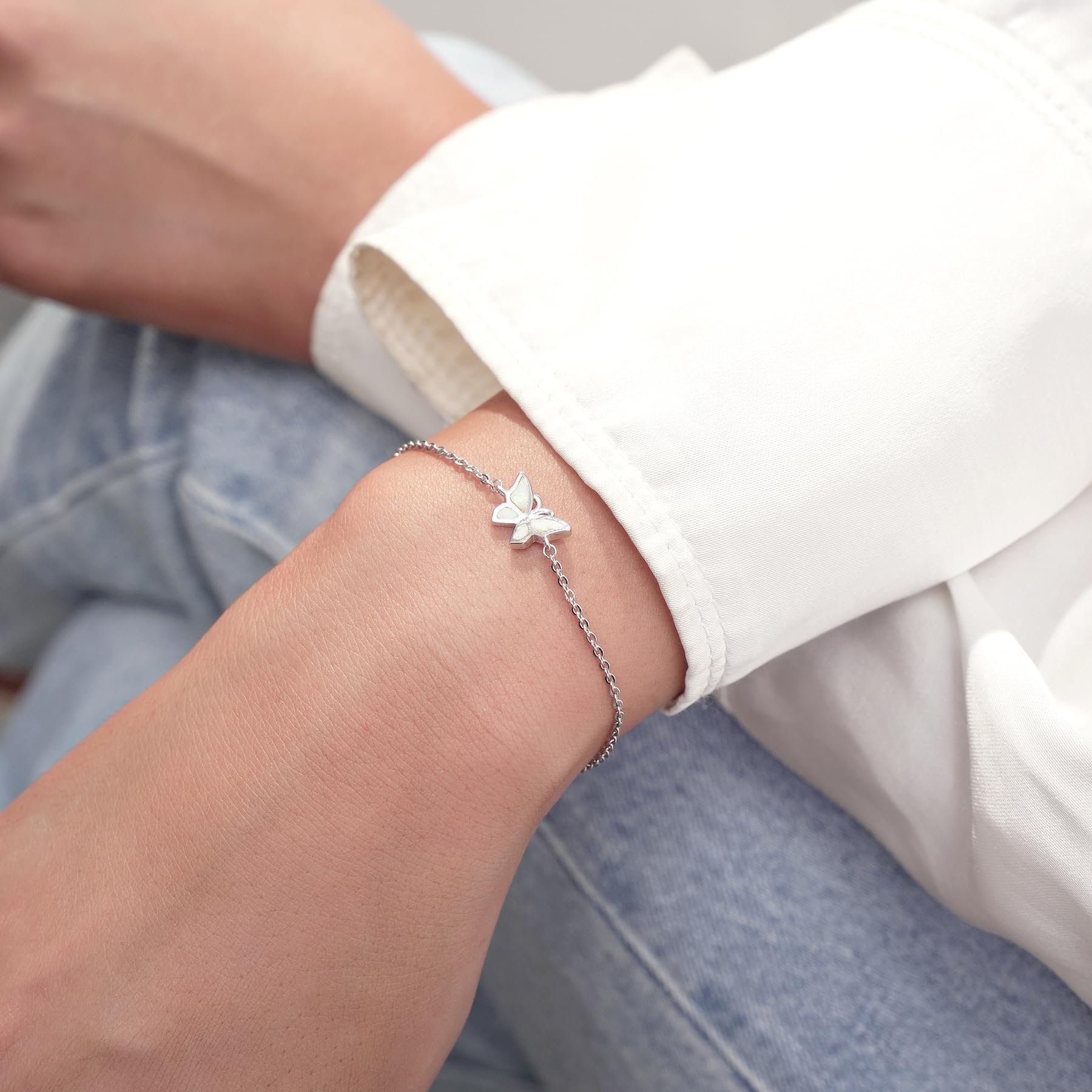 CHIC & ARTSY Womens Fußkettchen 925 Sterling Silber erstellt Opal geschichtet Fußkettchen Armband zierlich Perlen Kette Fußkettchen einstellbar 11" beste Freundin Fußkettchen für Frauen