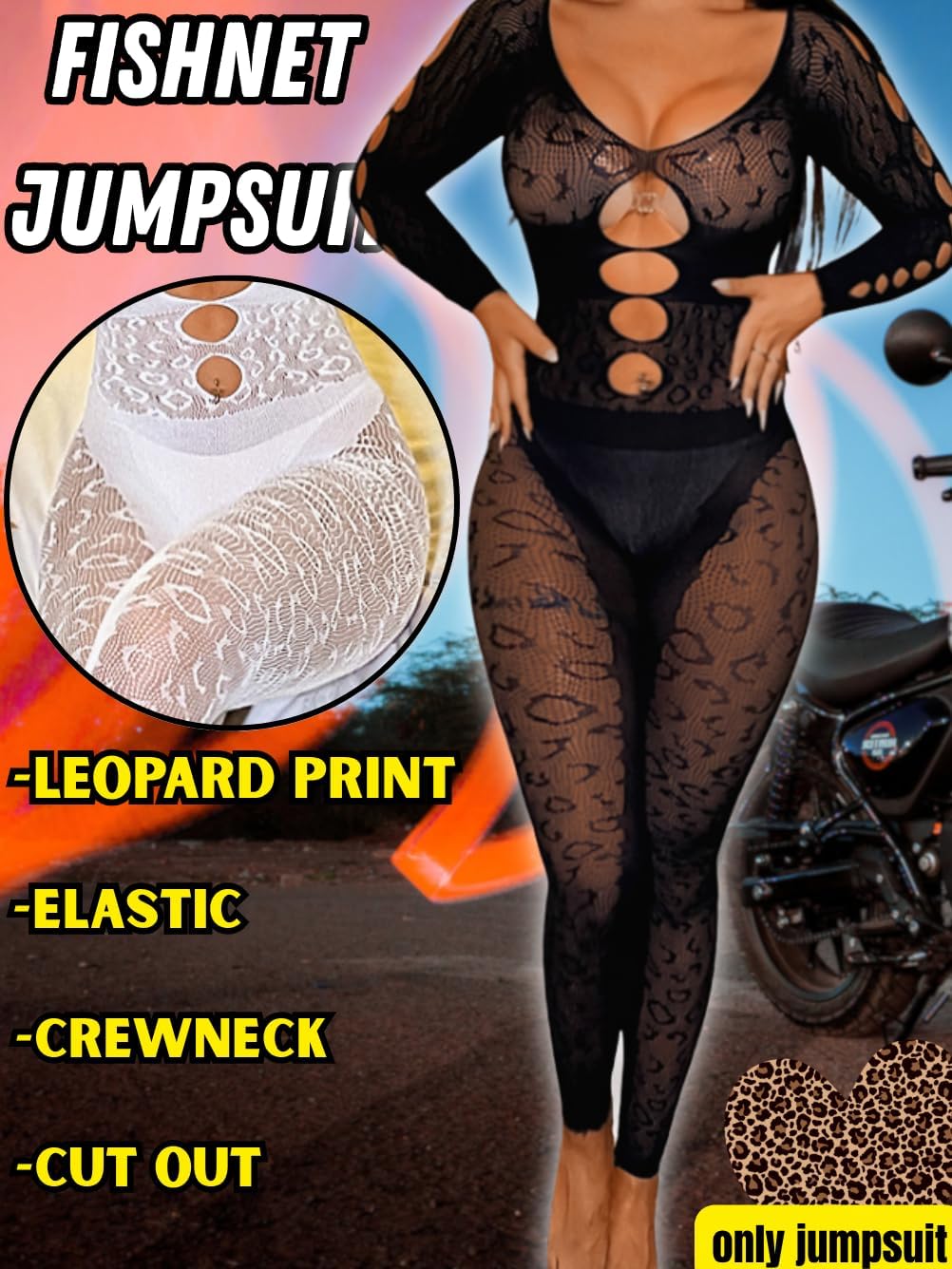 Women Sexy Full Leopard Fishnet Bodysuit, Poster Lace Jumpsuit Body Stockings, Club Rave Party Exotic Dancer Outfits - Image 2