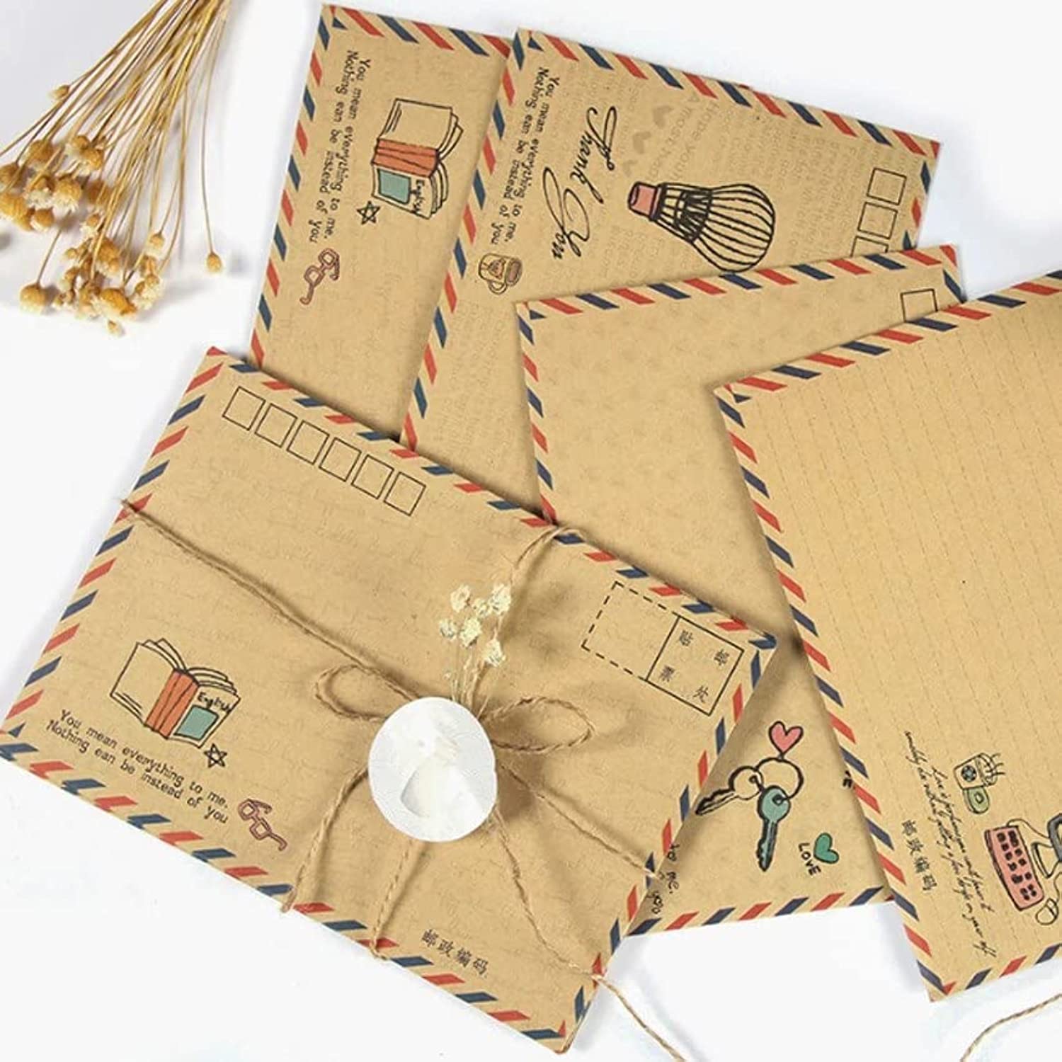 E-commerce BAG 8 Pieces Vintage Business Greeting Invitation Envelope Postcard Letter Stationery Kraft Paper Airmail Office Supplies Cash Organizer Retro Style