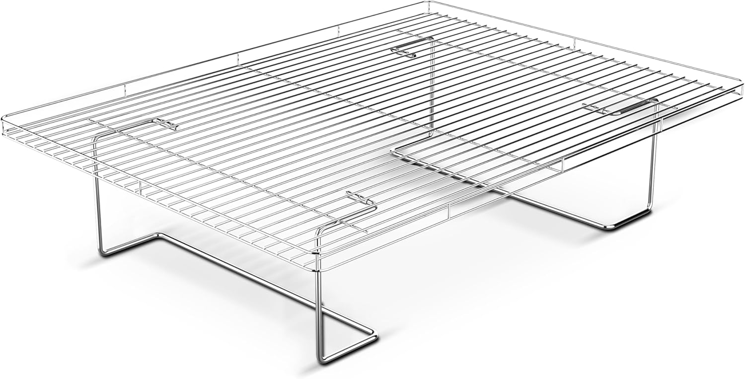 Flip-Free Crispmaster 1st Ever 4-Inch Elevated Roasting, Baking, and BBQ Rack for 360° Heat Stainless Steel Wings, Fries, Chicken, Veggies, Turkey for Oven, Grill, or Smoker 17” x 13”