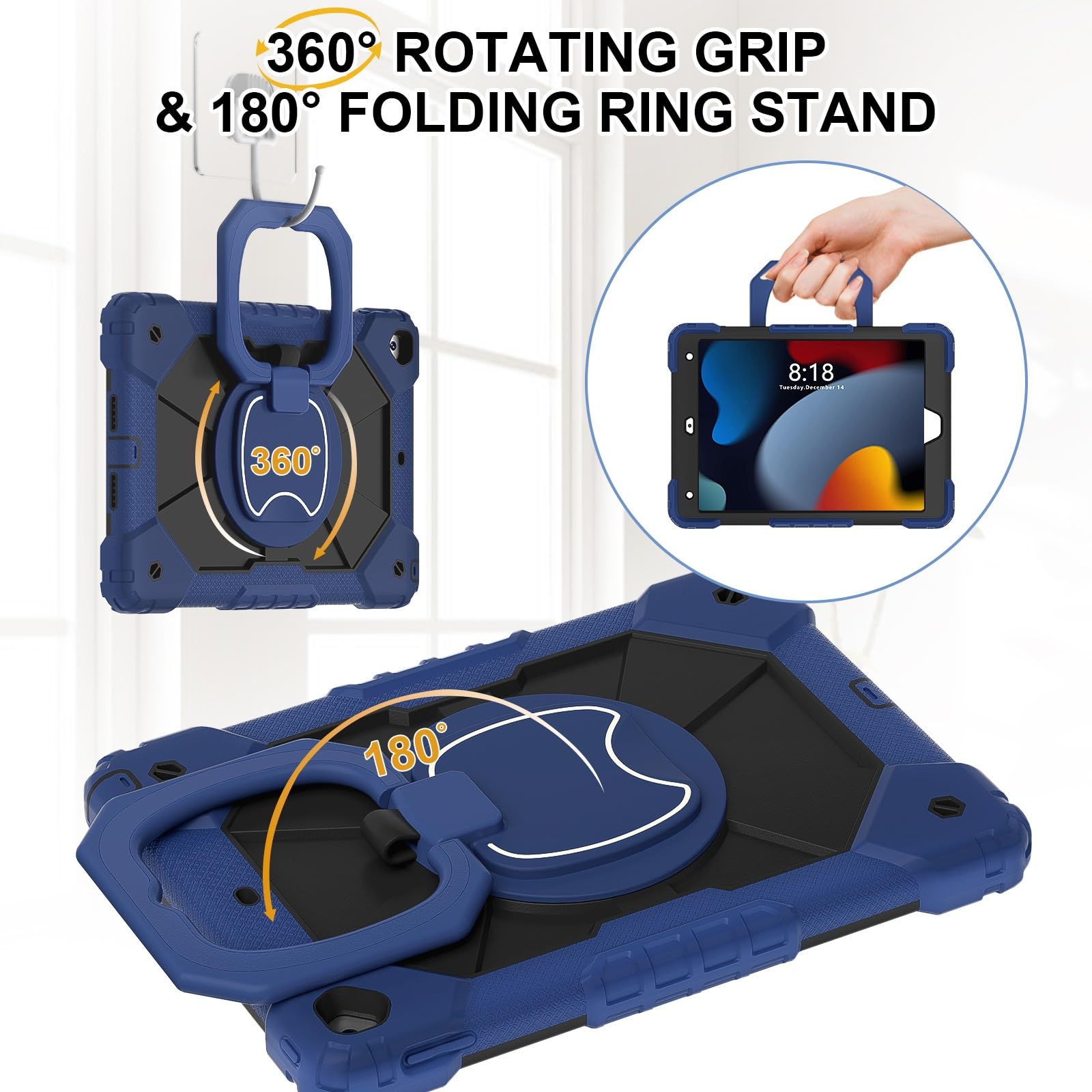 Custodia protettiva per tablet PC compatibile con iPad 9a/8a/7a generazione 2021/2020/2019 (10,2 pollici), robusta custodia antiurto, custodia protettiva W 360 cavalletto girevole + cinghia da polso +