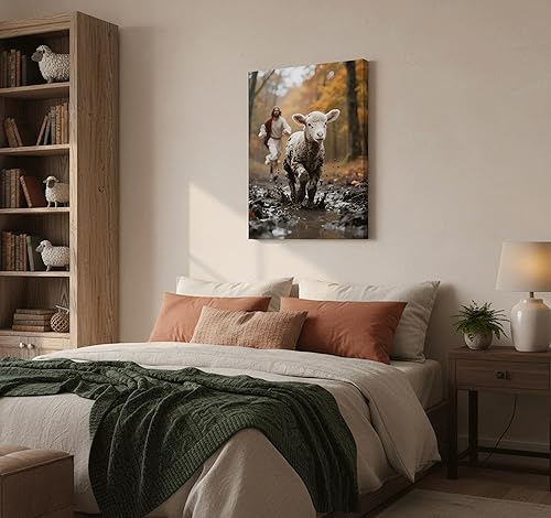 Miniatura 6 de Lienzo de Jesús corriendo tras cordero perdido, arte de pared de Jesús y cordero, póster de buen pastor cristiano, arte impreso para sala de