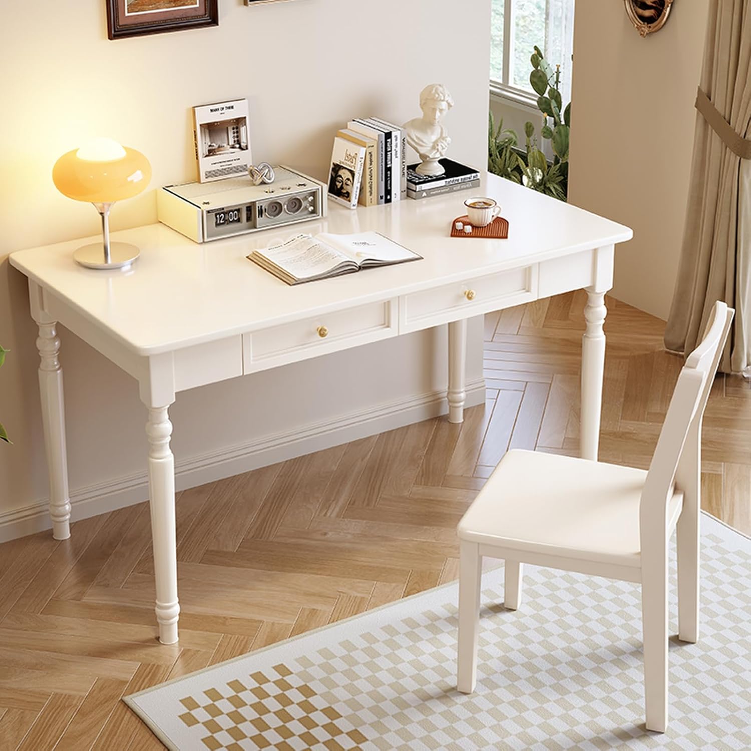 Solid Wood Computer Writing Desk with 2 Storage Drawers, Traditional Vanity Dressing Table, Small Rustic Home Office Desk, Easy Assembly(39 Inch, Black)