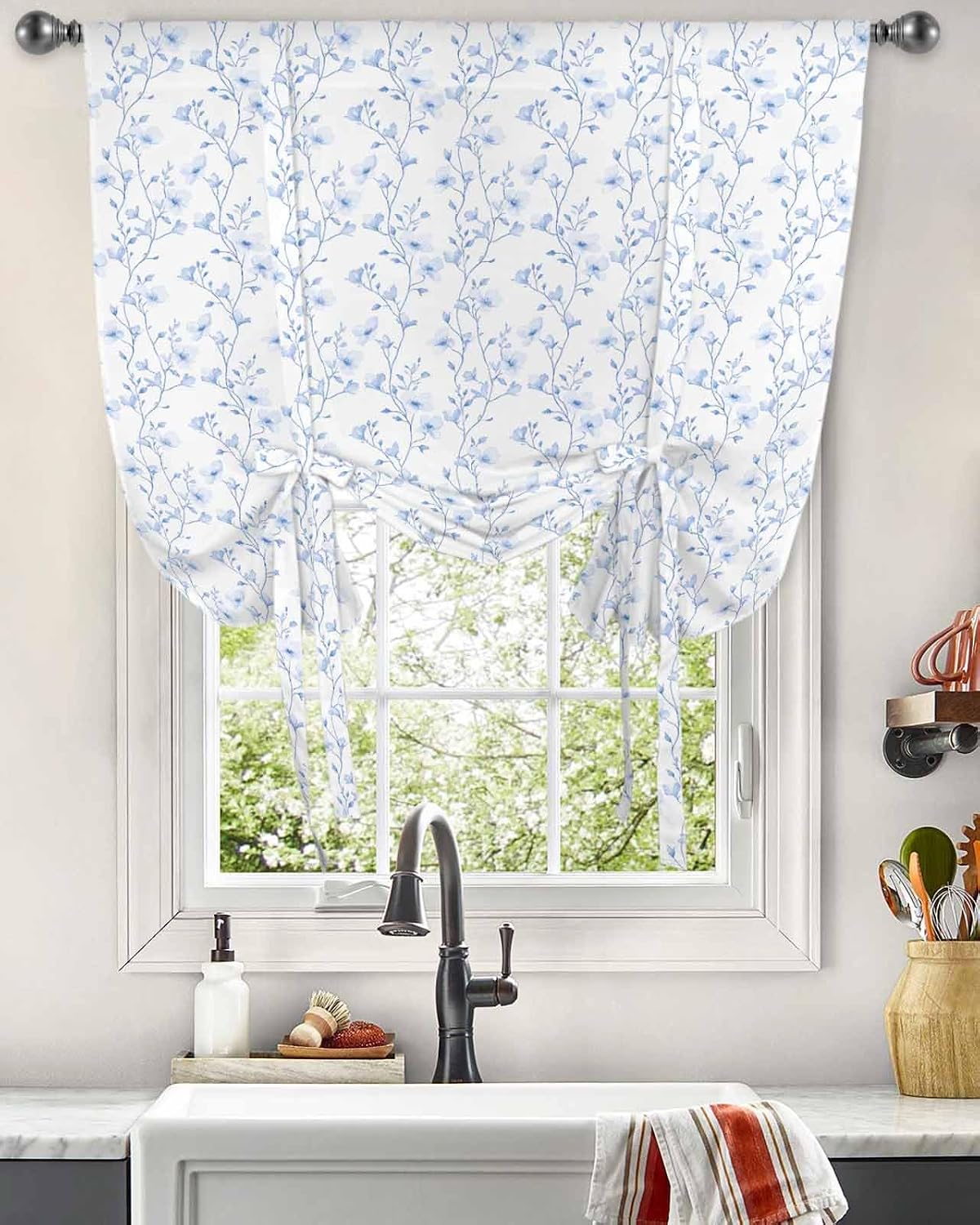 Blue Floral Tie Up Curtains for Windows 63 Inch Length Balloon Curtains Kitchen Adjustable Balloon Window Shade Farmhouse Flowers Leaves Plants Tie Up Valance Bathroom Curtain Window 52"x63"