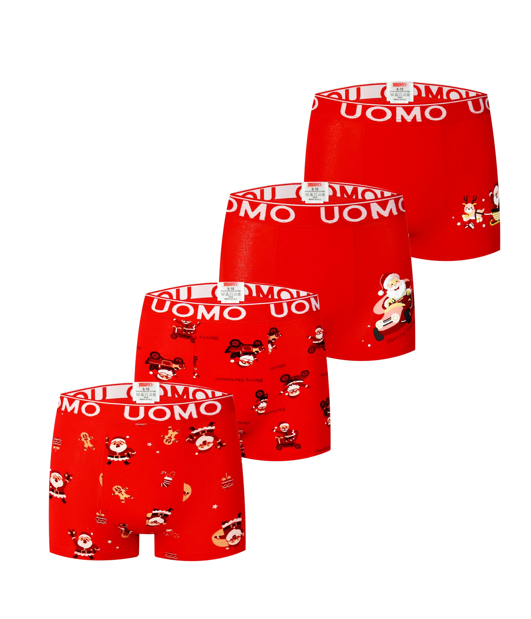 POWER UNICO FLOWER Boys Christmas Boxer Briefs Underwear 4-Pack Soft Cotton Trunks Red Holiday Underpants