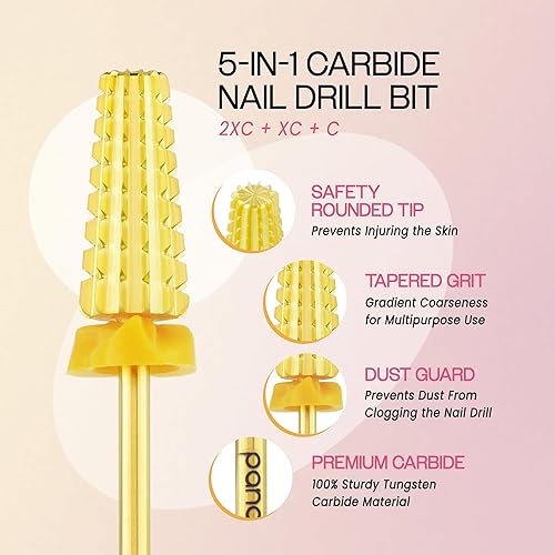 Miniatura 161 de PANA Broca de carburo de uñas 5 en 1 – Uso de rotación bidireccional para zurdos y diestros – acrílico de eliminación rápida o gel duro – vástago
