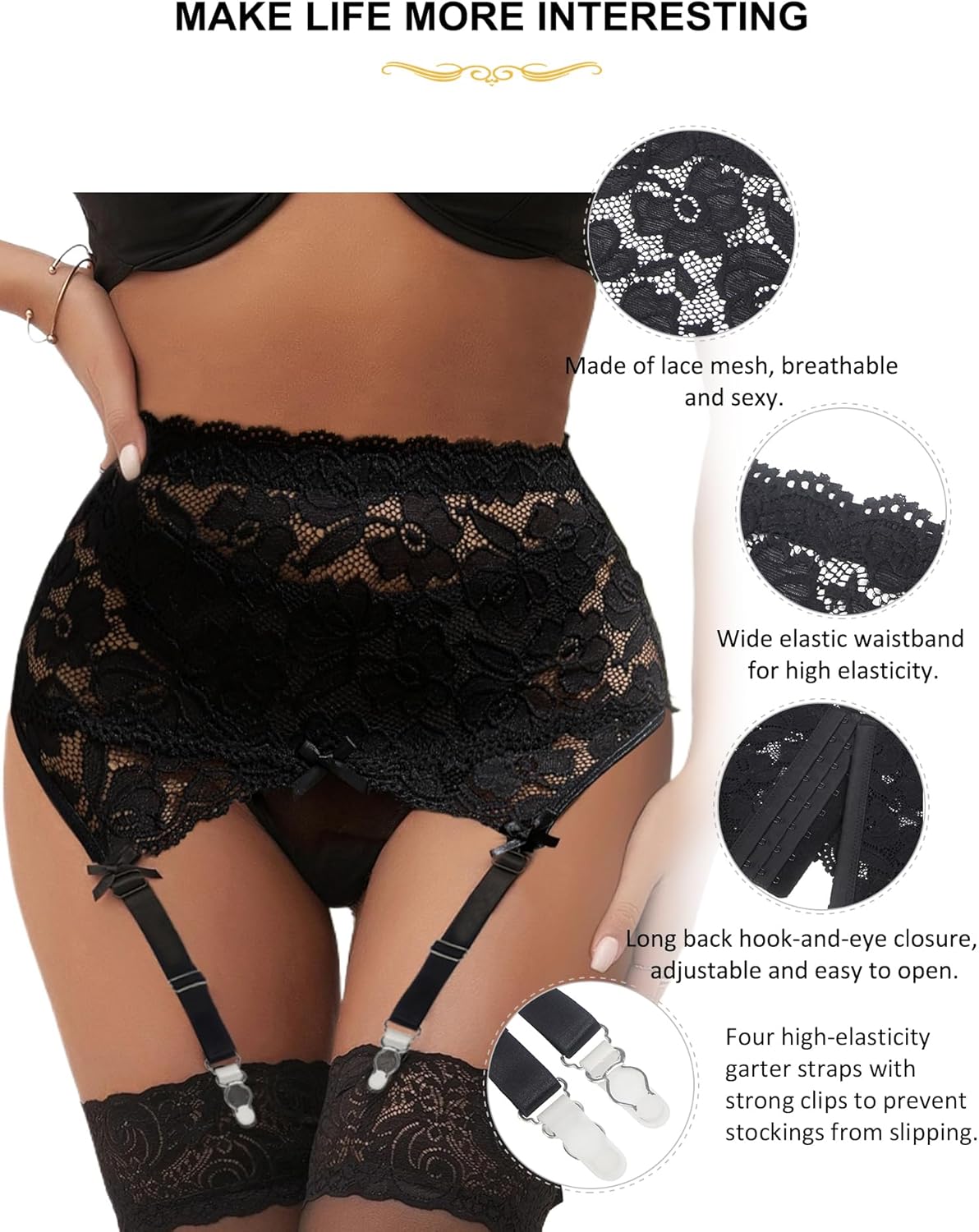 ohmydear Plus Size Lace Garter Belts High Waisted Suspender Belt Sets with 4 Straps for Thigh High Stockings - Image 4
