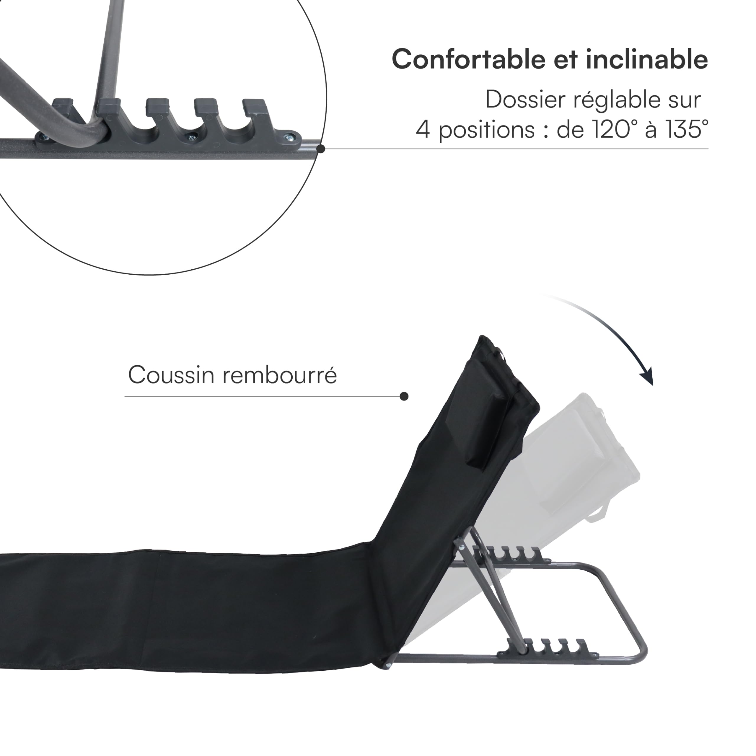 Baroni Home Set de 2 Chaises Longues Pliables de Plage avec Coussin Rembourré, Dossier Inclinable, Poche de Rangement, Transat Portable pour Mer, Piscine, Camping, 48x150x52 cm Noir