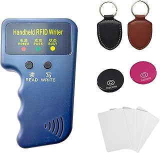 RFID Reader Writer Scanner Copier for Copy ID TK4100/EM4100/EM4200/Proximity Card, Including ID Rewritable Anti-Metal Phone Sticker 2pcs, White Card 4pcs,ID Leather Key Fob 2pcs