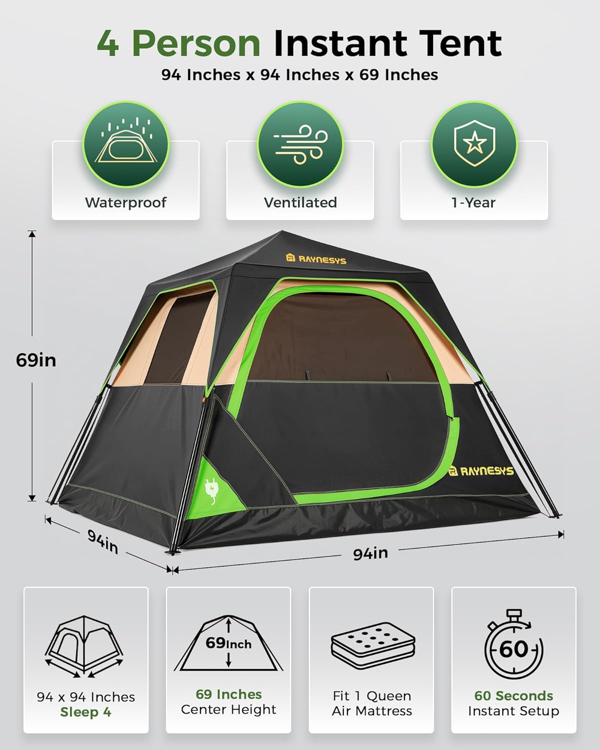 4/6 Person Instant Tent, Camping Tent Setup in 60 Seconds, Waterproof Pop Up Tents for Camping with Top Rainfly, Instant Cabin Tents with Portable Carry Bag for Family Camp & Hiking