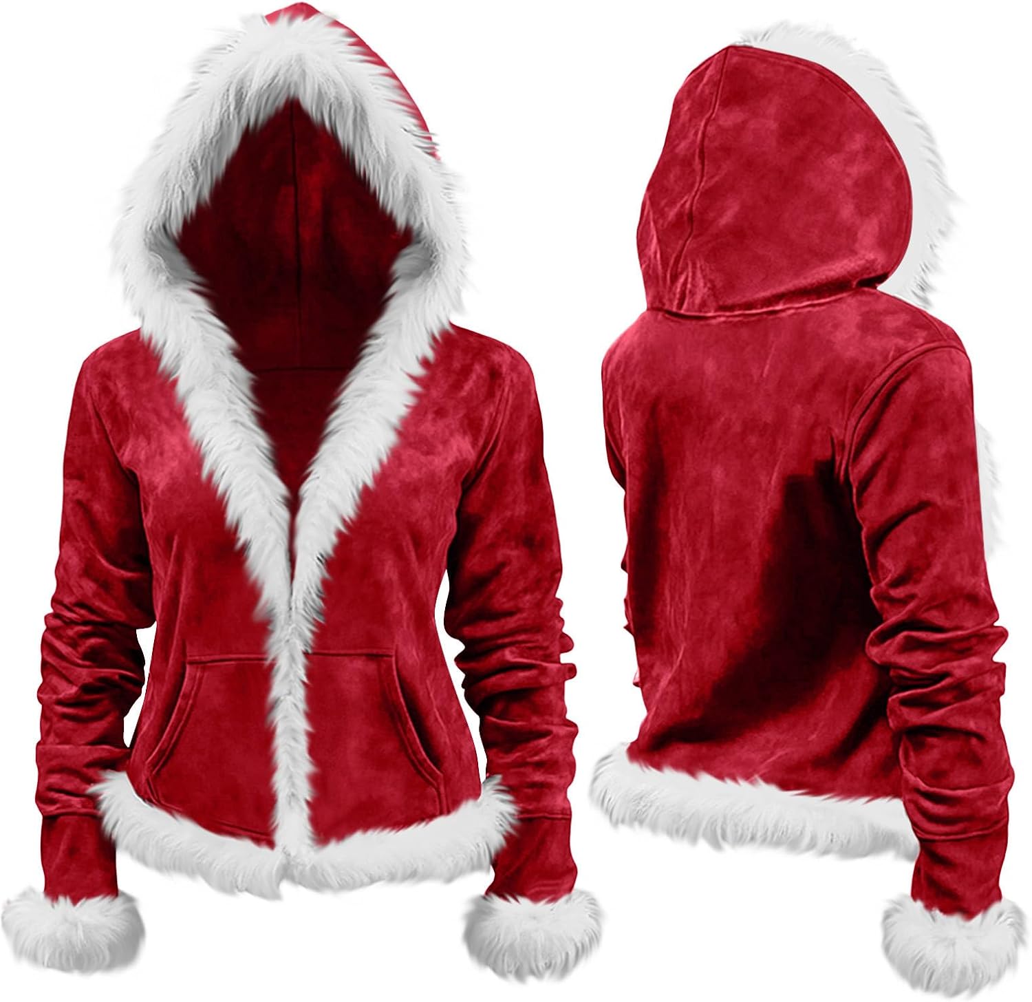 Women's Christmas Hoodie Faux Fur Trim Holiday Sweatshirt Jacket | Festive Hooded Coat with White Faux Fur Trim and Front Pockets,Soft Warm Fleece Outerwear for Christmas Party and Winter
