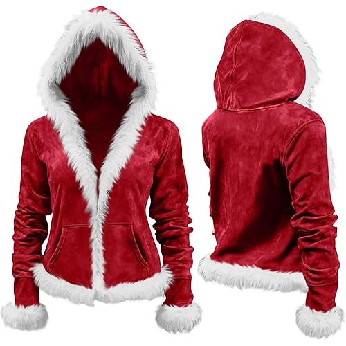 2025 Christmas Hoodies for Women Faux Fur Trim Hooded Jacket Oversized Long Sleeve Santa Claus Pullover Sweatshirts