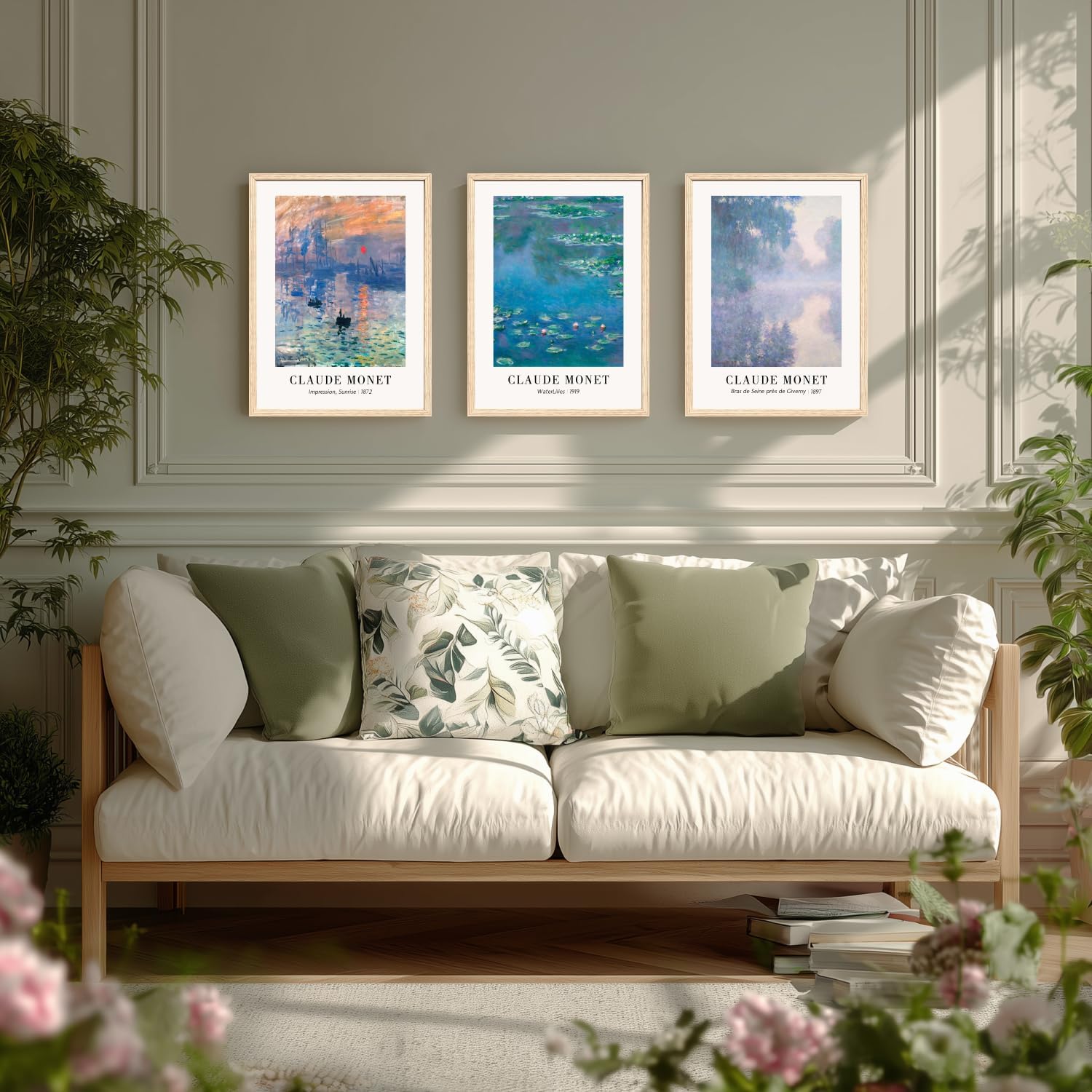 Cyebmo Vintage Botanical Wall Art Set of 3, Claude Monet Water Lilies Art Prints, Impression Sunrise Water Lilies Seine River Poster Prints for Living Room Bedroom Bathroom Wood Framed 12"x16"x3