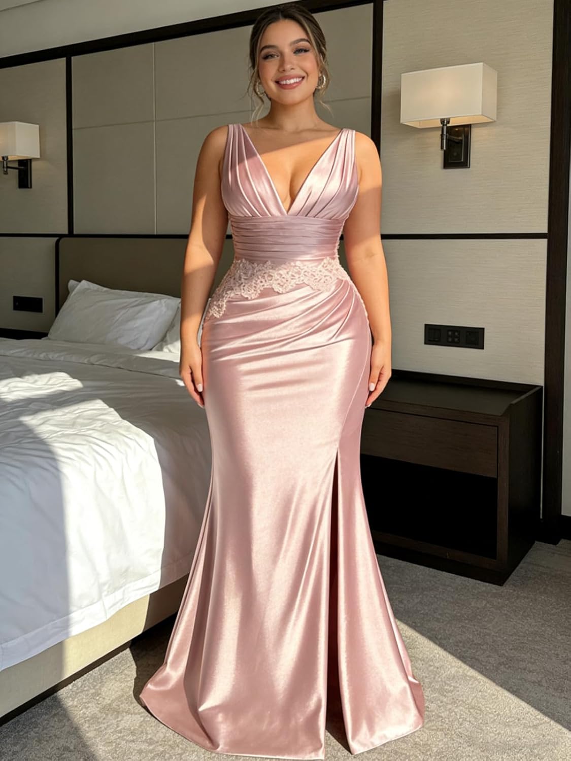 Lace Appliques Satin Prom Dresses with Slit Mermaid V Neck Formal Evening Dresses TQ023 - Image 5