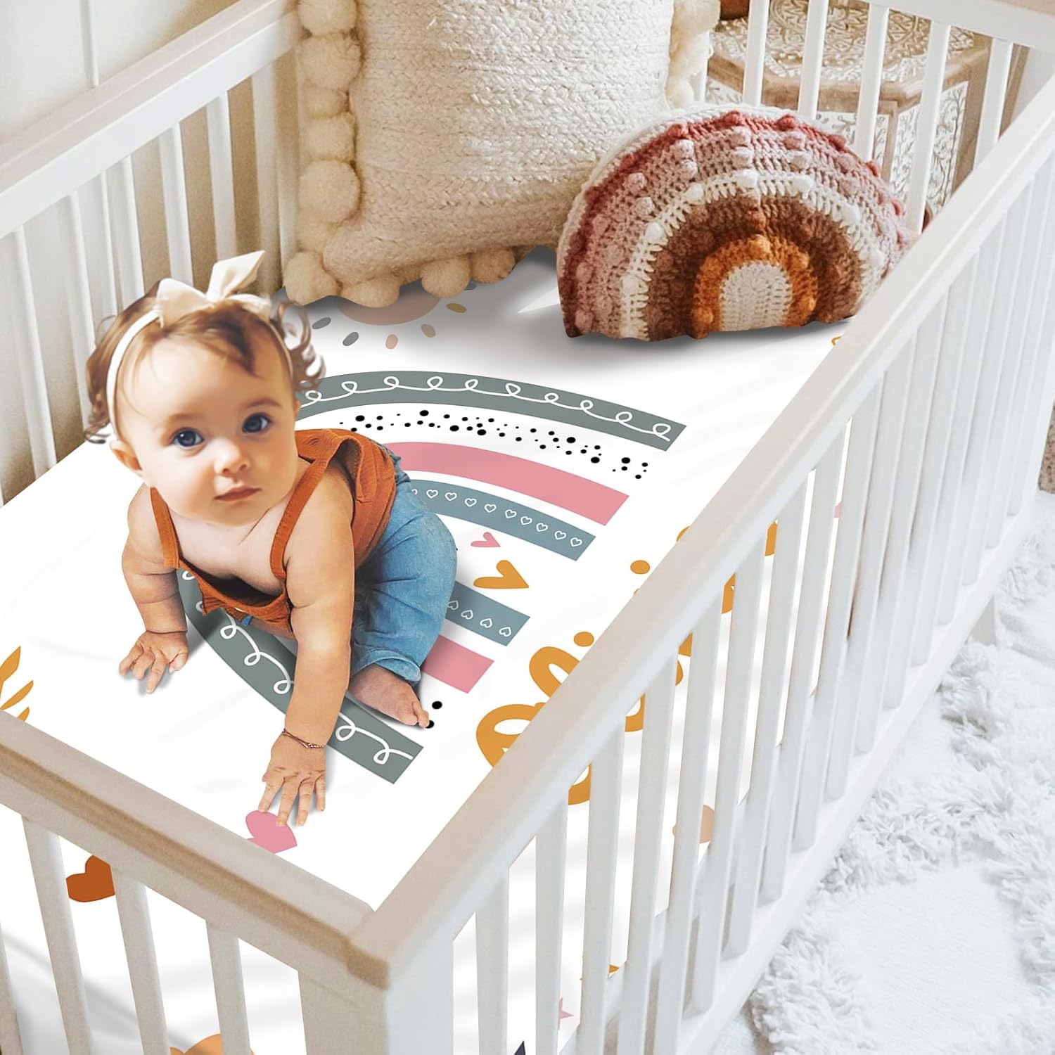 Personalized Boy Crib Bedding Set for Infant Baby: Custom Name Nursery Decor Boho Rainbow Baby Blanket Fitted Crib Sheet Changing Pad Cover 3 Pcs(Fixed Size)