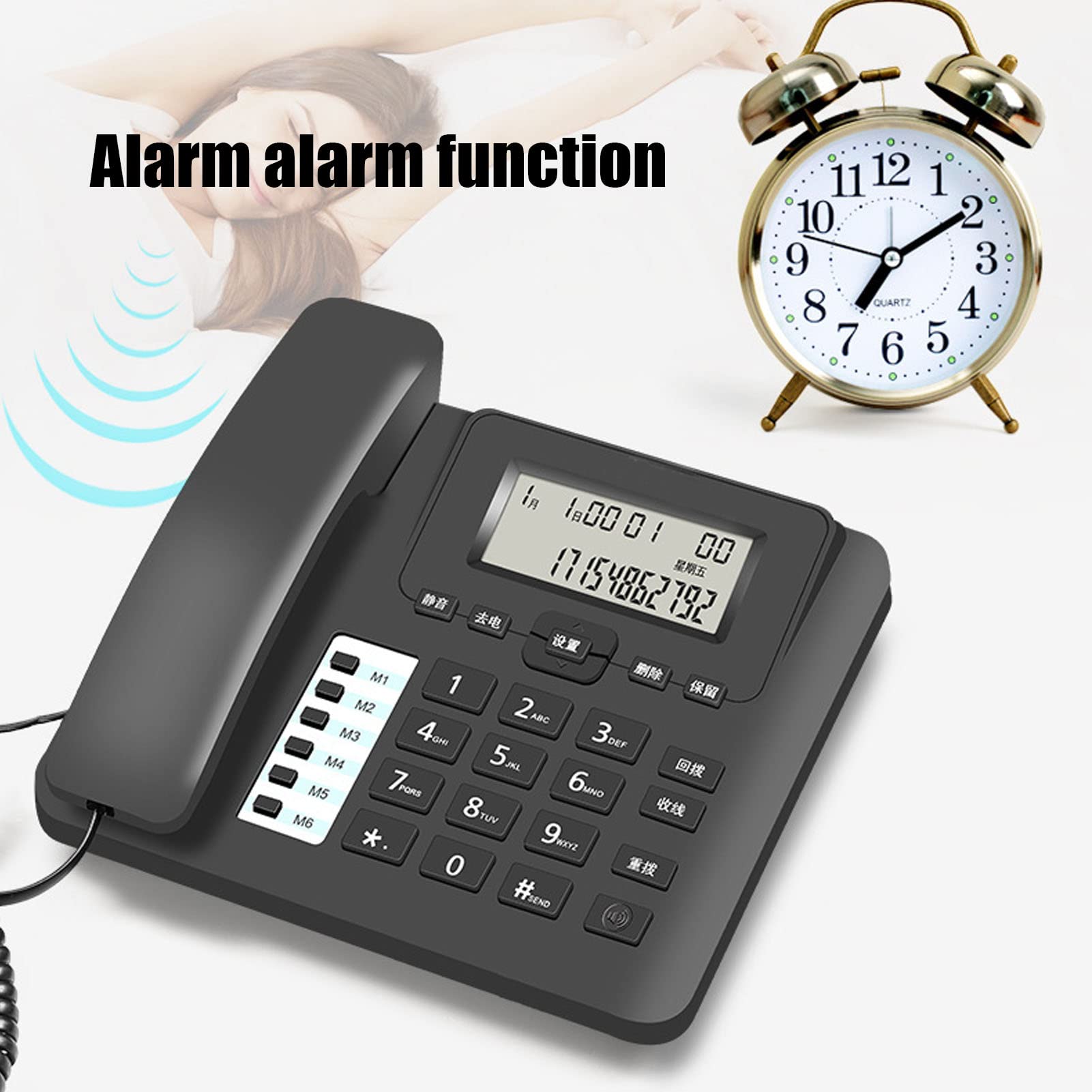 Telefono con Cavo a Pulsanti Grandi, Supporta Selezione Rapida, Sveglia, Id Chiamante e Vivavoce, Display LCD, 6 Pulsanti di Memoria Diretta, Telefono Fisso Aziendale per Hotel Domestici
