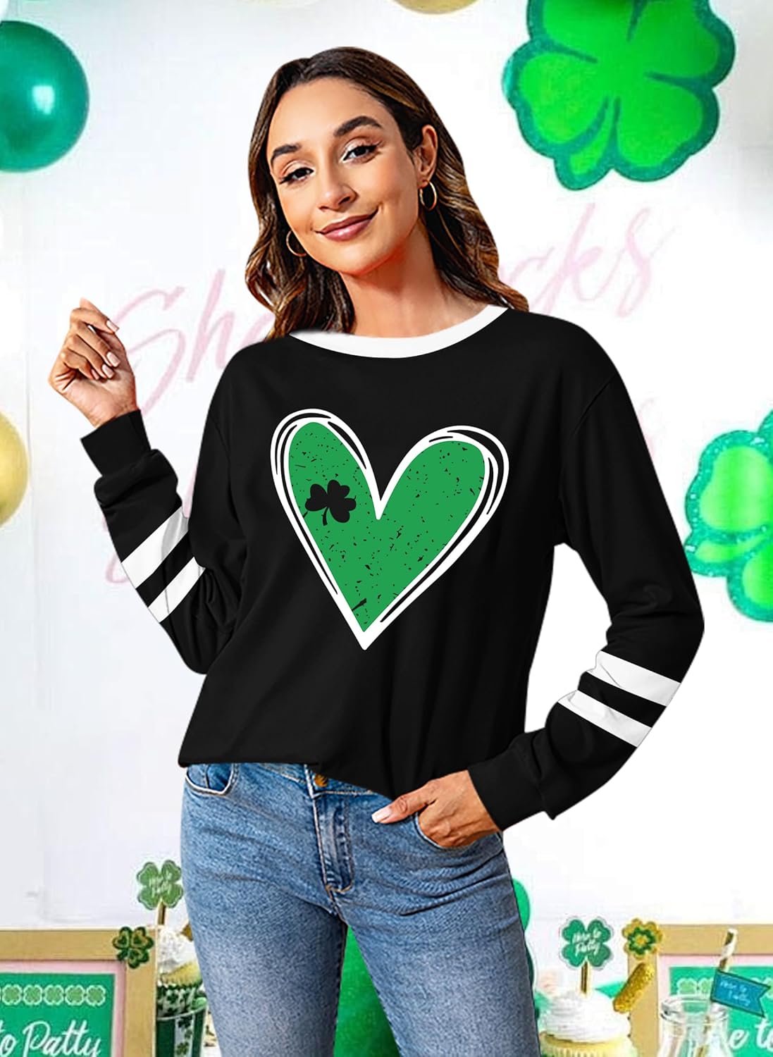 St. Patrick Day Shirt for Women: Lucky Shamrock Sequin Green Long Sleeve Tee Saint Patrick's Day Irish Graphic Tops - Image 3
