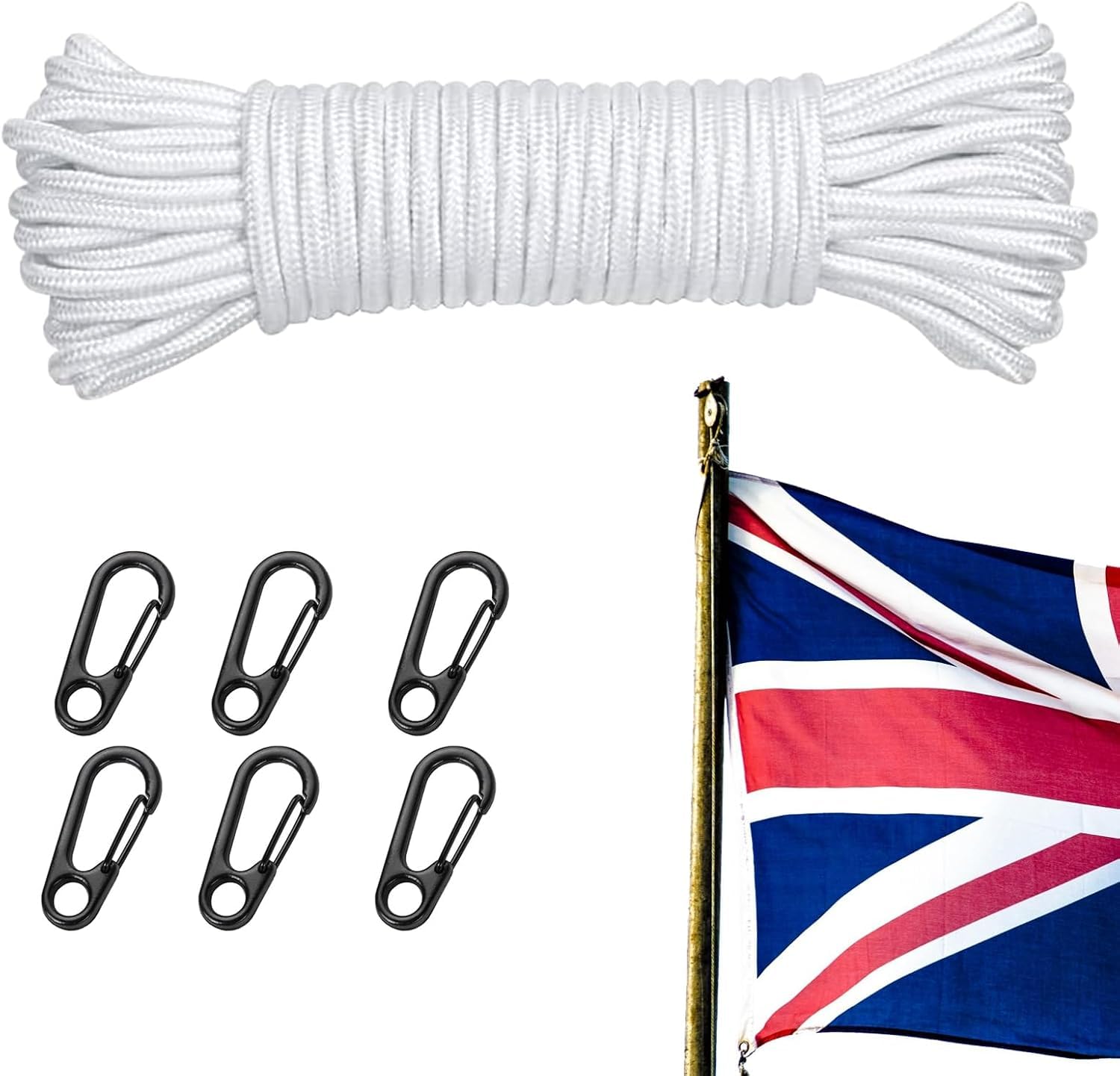 QyueQyat Flag Pole Rope with Flag Pole Clip, 50FT/ 16M Nylon with 6 Pcs Flag Pole Clip Hooks, Flag Pole Halyard Rope Kit, Nylon Cord for Outdoor, Camping, Swing, Clothesline, Garden(White)