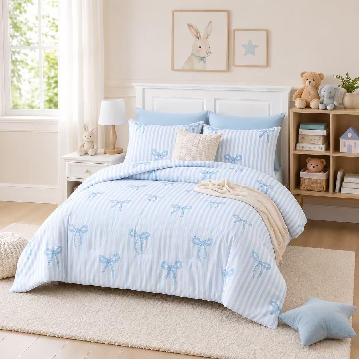 Bow Comforter Set Full Size Blue White Striped Bow Print 3PC | Bed in a Bag, 3 Pieces Bedding Set,Microfiber, Cute Girly ,with 2 Pillowcases , All Season