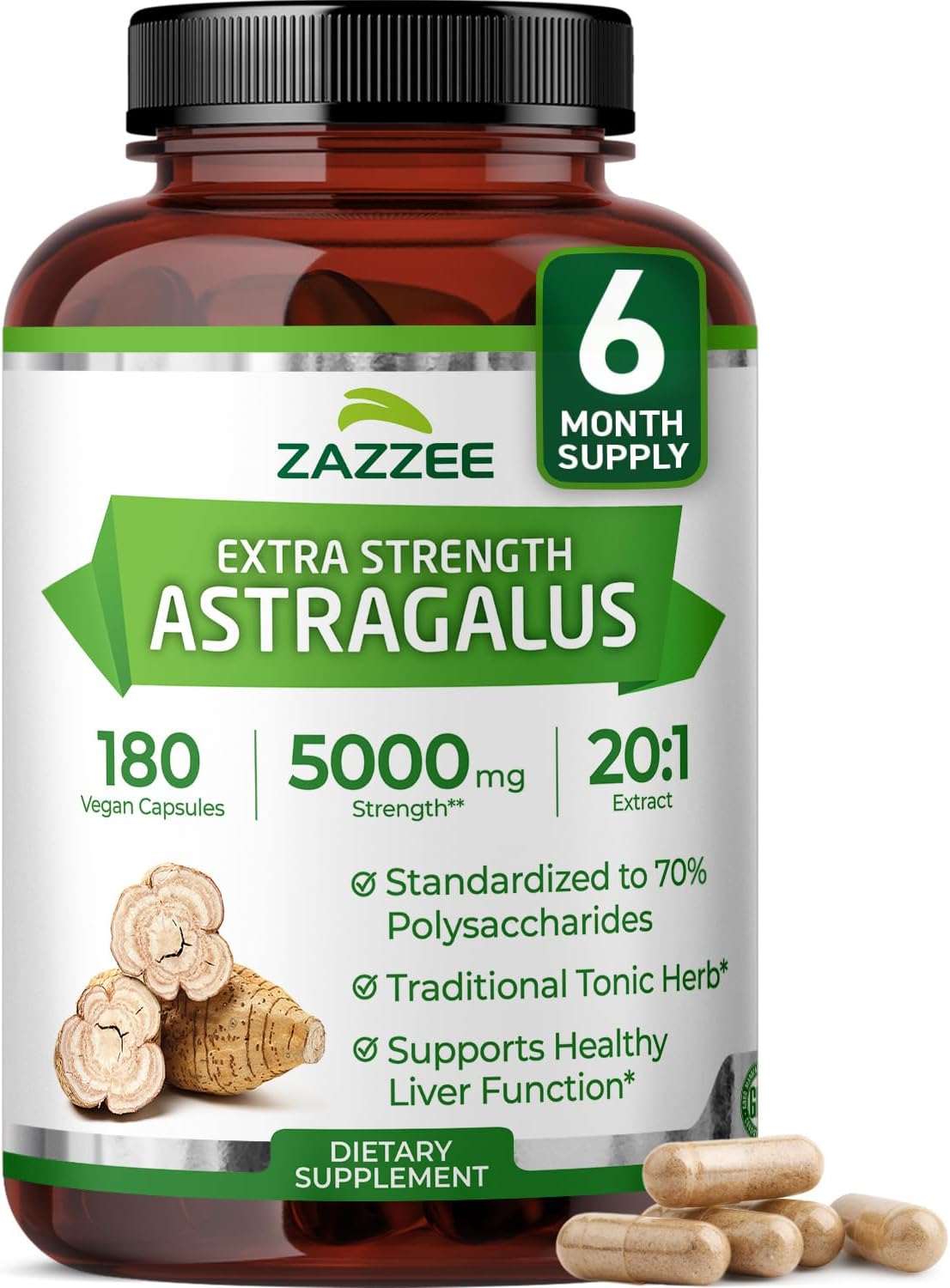 Zazzee Extra Strength Astragalus Root 20:1 Extract, 70% Polysaccharides, 180 Vegan Capsules, 6 Month Supply, Astragalus Membranaceus, Immune System Support, Non-GMO, Herbal Supplement, Made in the USA