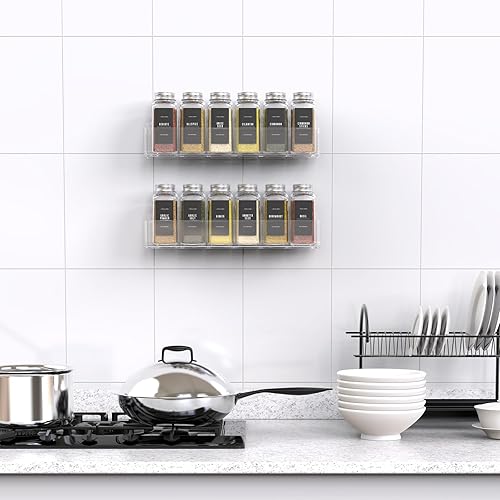Miniatura 6 de PMMASTO Adhesive Acrylic Spice Rack Organizer with 12 Empty Square Spice Jars, 238 Spice Labels with Chalk Marker and Funnel Complete Set for