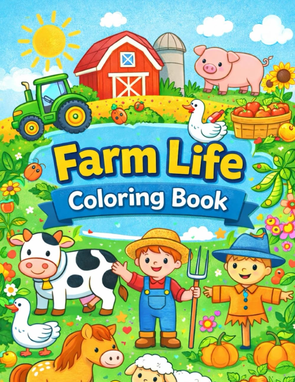 Farm Life Coloring Book 3-8 ages: Fun & Easy Coloring for Kids Ages 3–8 with 56 Cute Farm Animals, Vehicles, and Scenes