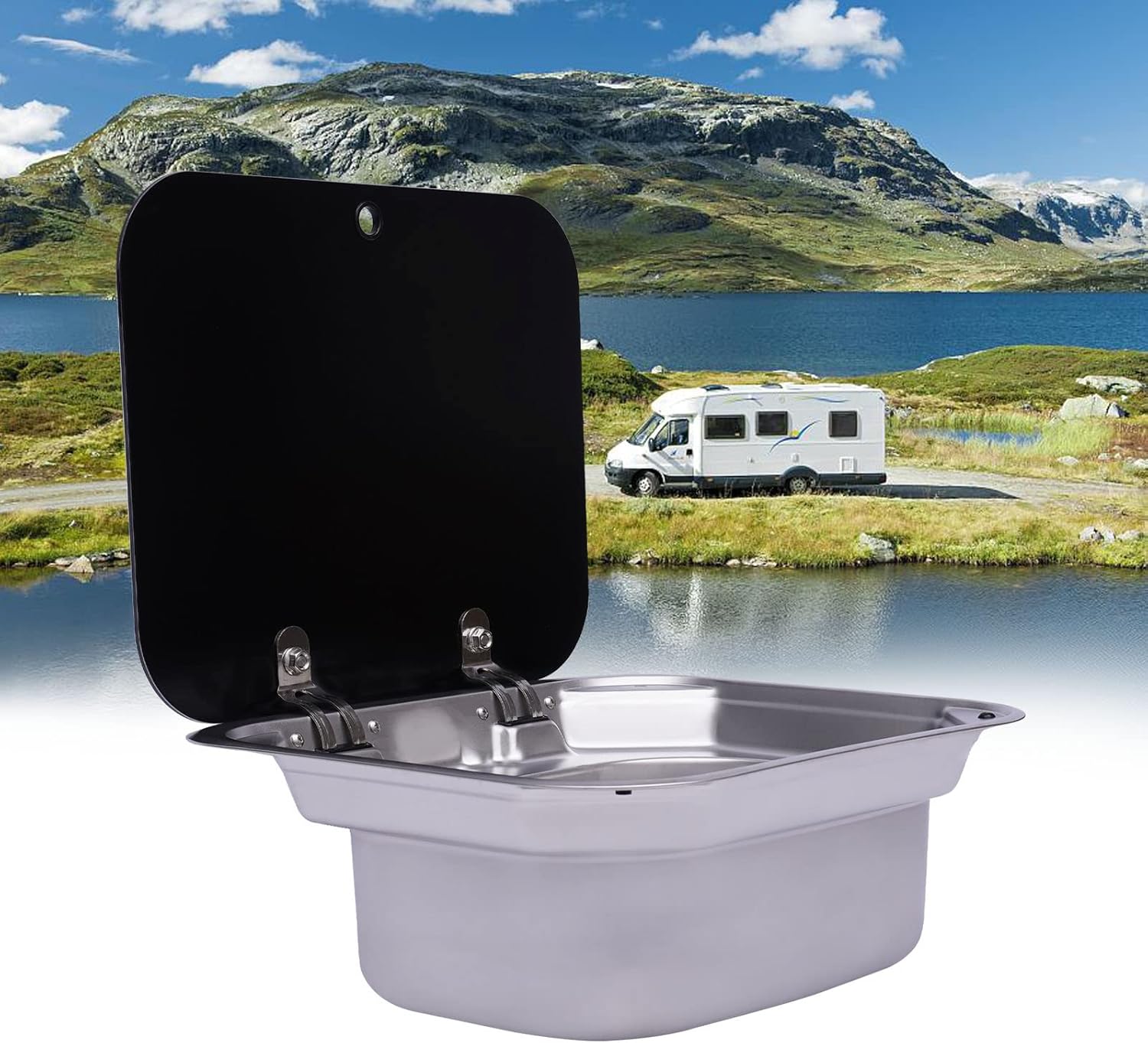 RV Hand Wash Basin Sink Single Bowl, RV Caravan Camper Kitchen Basin Sink Stainless Steel+ Glass Lid for Van Caravan Boat Camping Trailer 16.7x14.7x5.9in