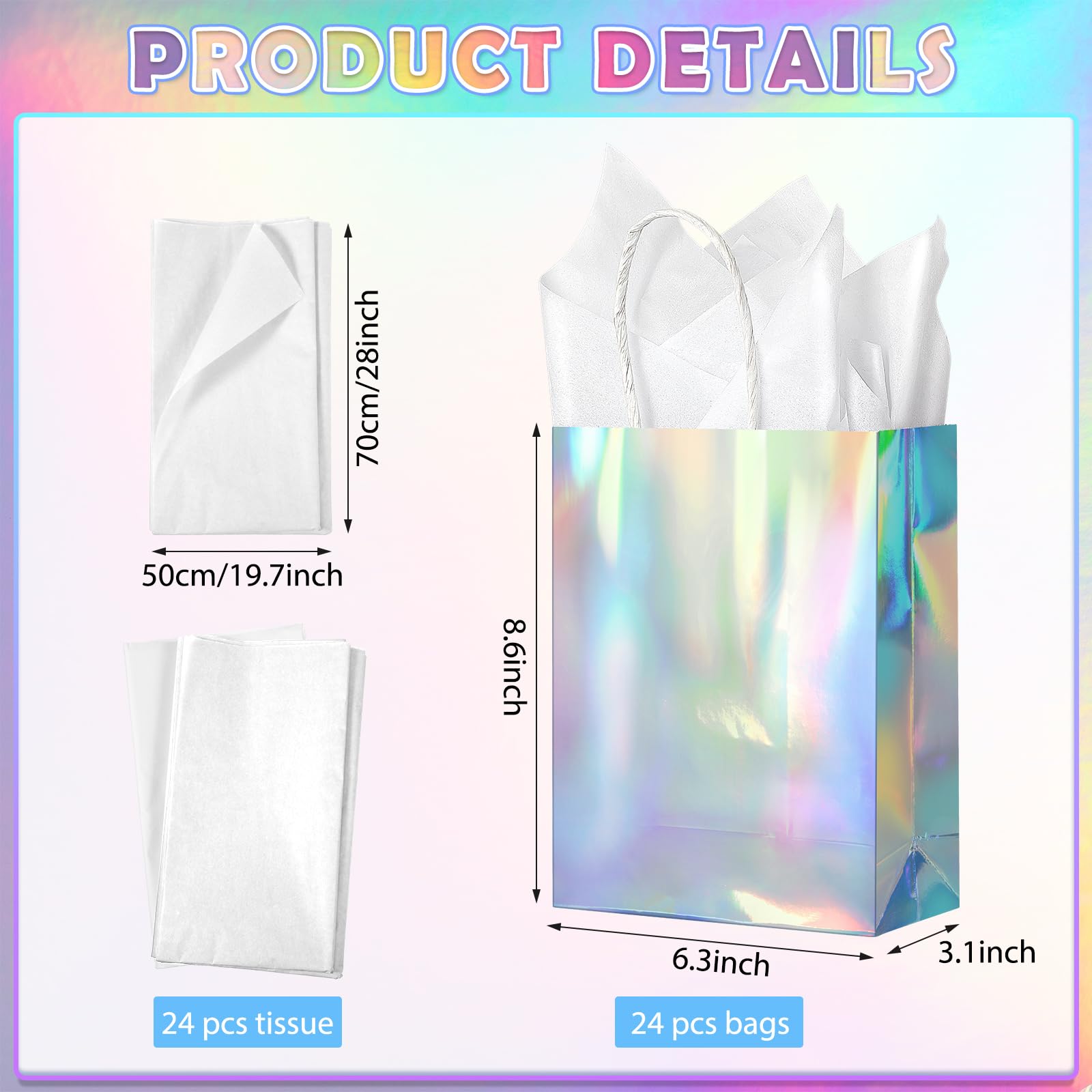 24 Pcs Iridescent Gift Bags Decorations, Holographic Foil Party Favor Bags with Handles, Glitter Paper Candy Goodie Bag with 24 Tissue Paper for Graduation Birthday Baby Shower Party Supplies