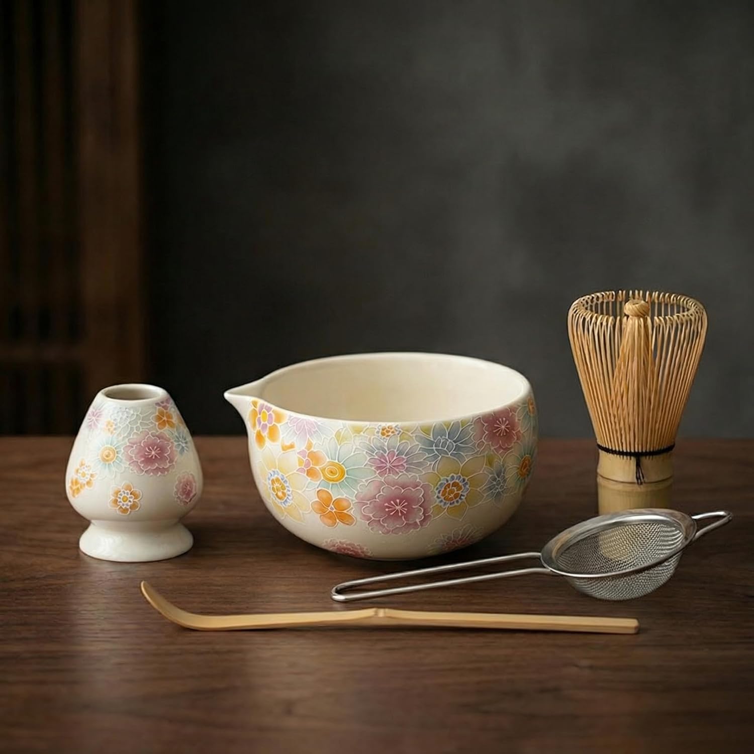 Japanese Floral Matcha Set, 5 Piece Ceramic Matcha Bowl Set with Bamboo Whisk, Scoop, Sifter and Whisk Holder, Traditional Tea Ceremony Kit for Matcha Lovers Gift