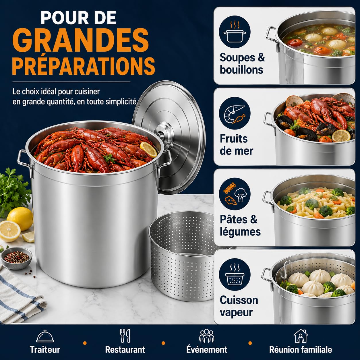 Marmite Inox 100 L avec Panier et Couvercle Faitout Induction