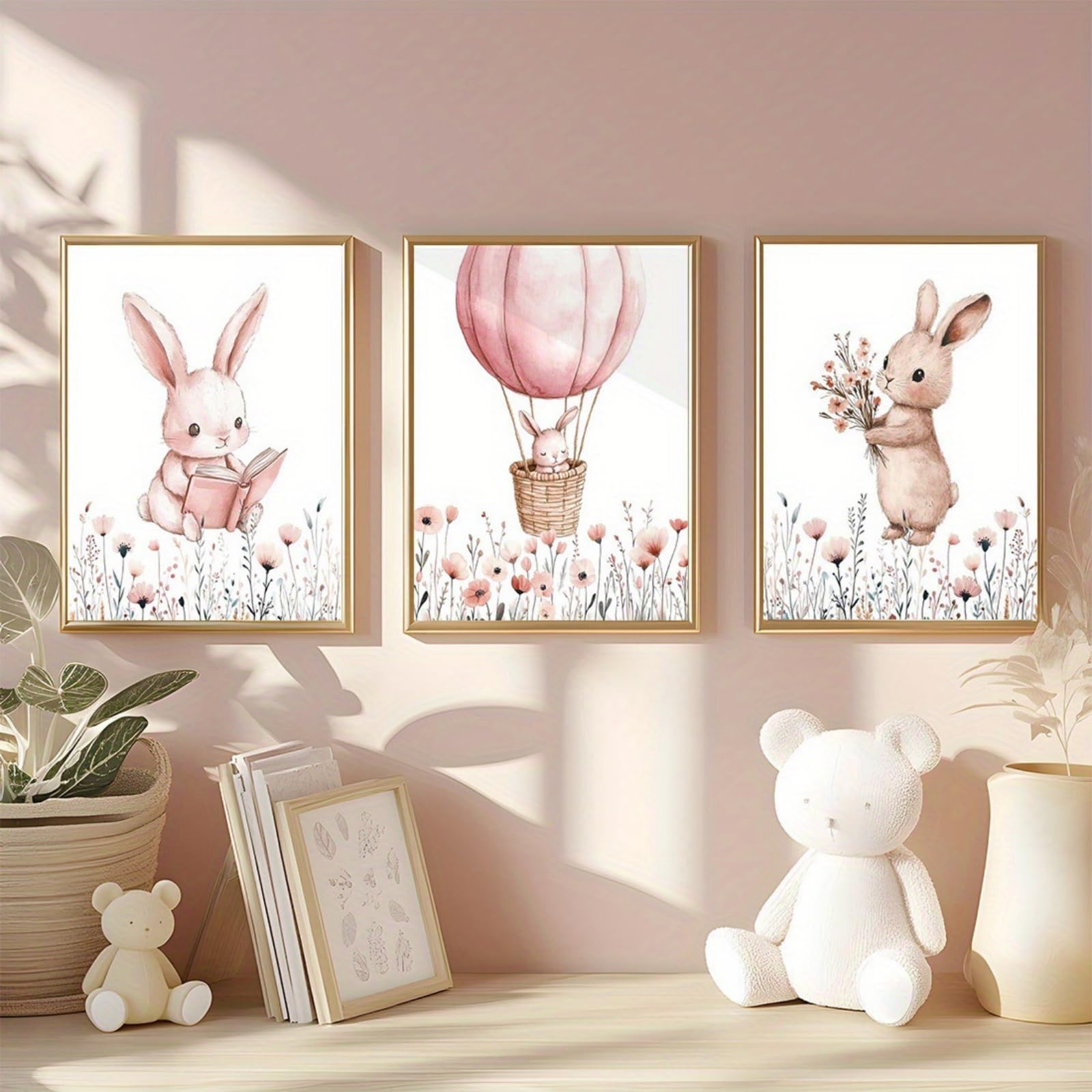 JORCEDI Bunny Poster Set of 3, Pink Nursery Wall Art Girl, Watercolor Hot Air Balloon Flowers Canvas Prints Bedroom Decor, 21x30-50x70cm, Unframed (40x50 cm,A)
