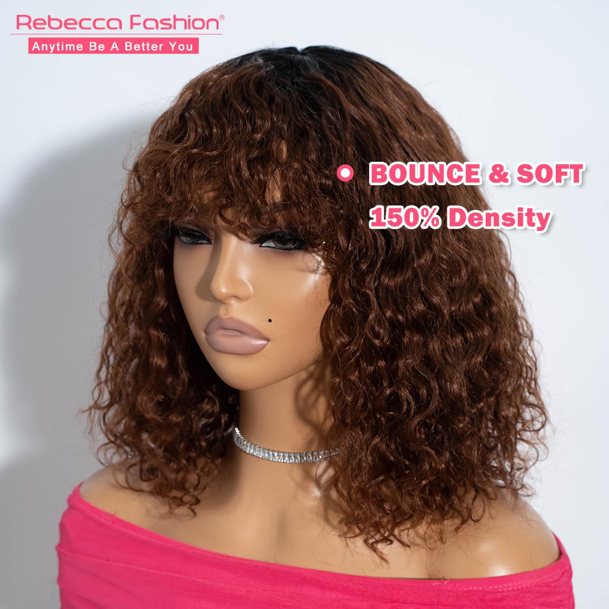 Rebecca Fashion Curly Bob Wig Human Hair Wigs for Black Women 12 Inch Short Curly Water Wave Bob Wig with Bangs Human Hair Glueless Wig 100% Brazilian Remy Hair Ombre Natural Color to Brown