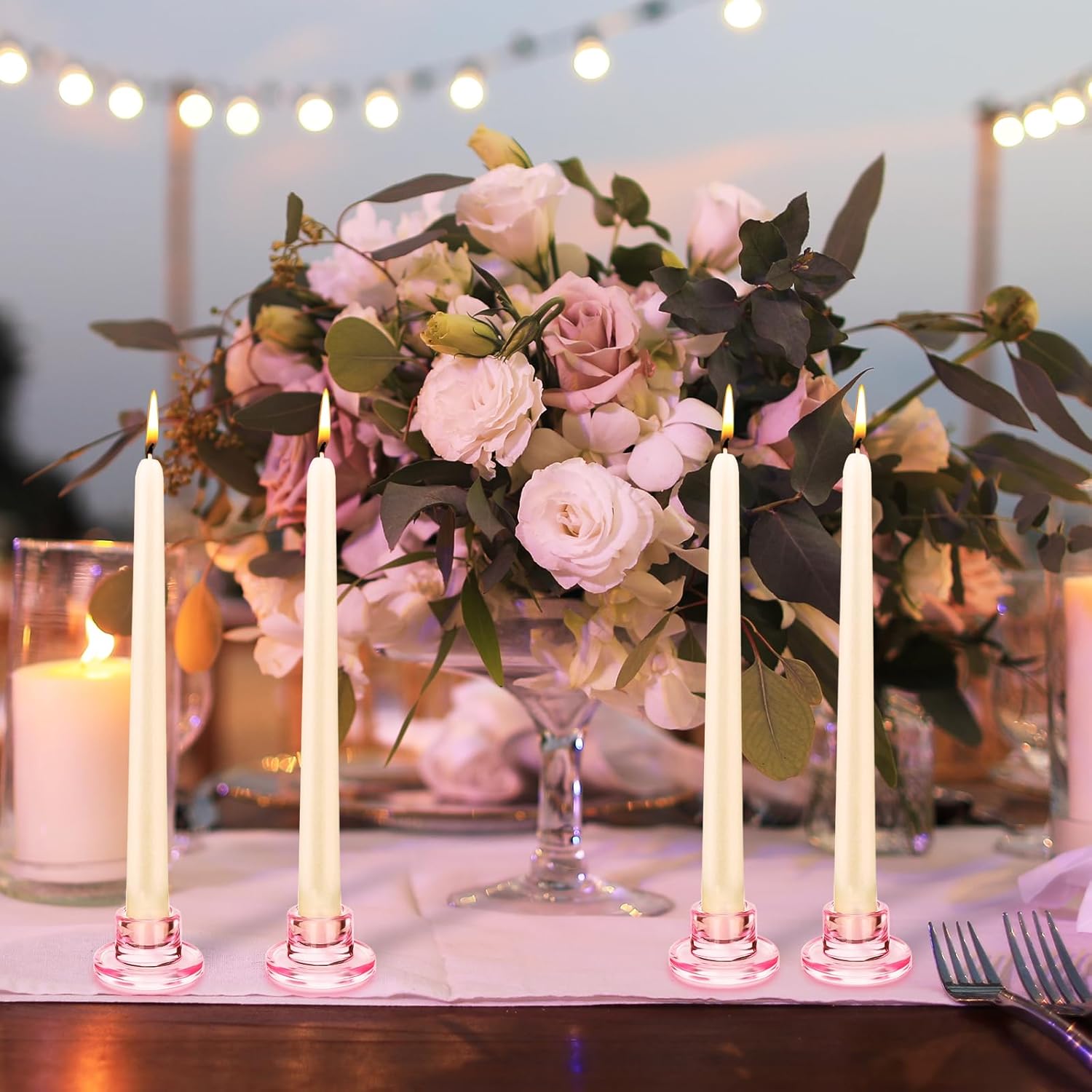 12 PCS Glass Taper Candle Holders Bulk Pink Candlestick Holders Clear Short Tapered Candle Stick Holder Decor Set for Table Centerpiece Wedding Party Advent Christmas Home Decorations - Image 4