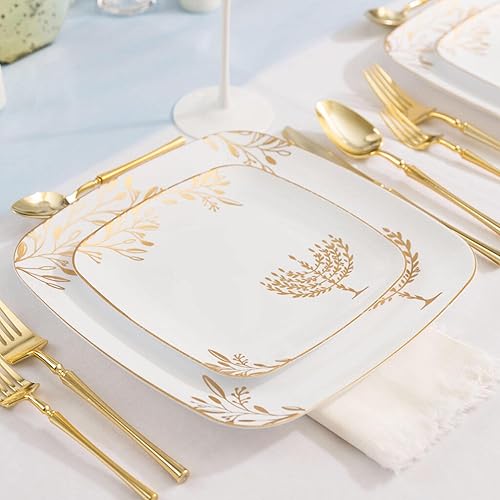 Miniatura 4 de Juego combinado de platos de ensalada de 7 pulgadas y platos cuadrados de plástico de 10 pulgadas platos de cena de Hanukkah resistentes con diseño