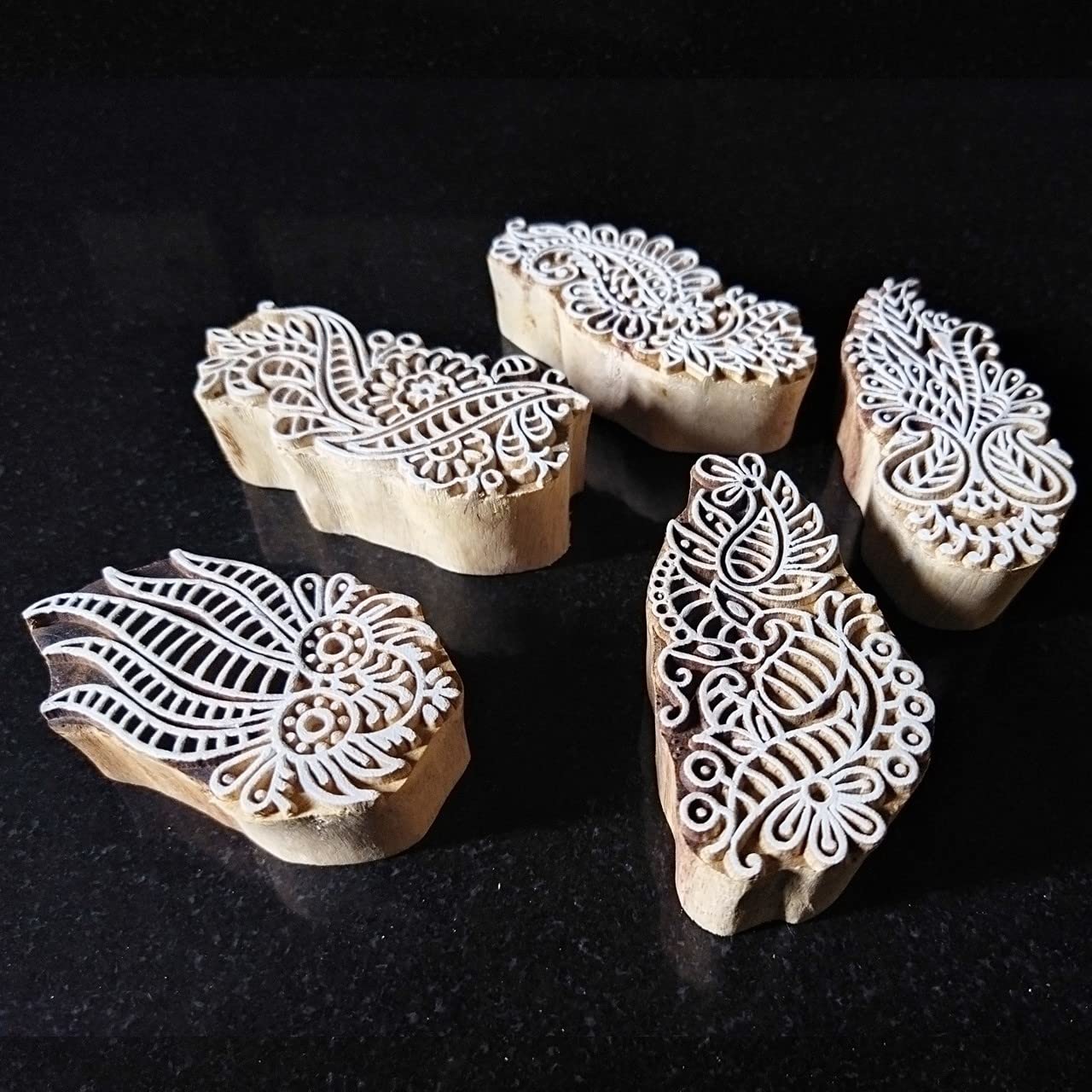 ecofynd Round Wood Block Stamps (Pack of 5), Wooden Blocks for Block Printing Stamp Set, Artistic Shapes Craft Kids Saree Border DIY Henna Fabric Textile Paper Clay Pottery Hand-Carved (BLOCK011)