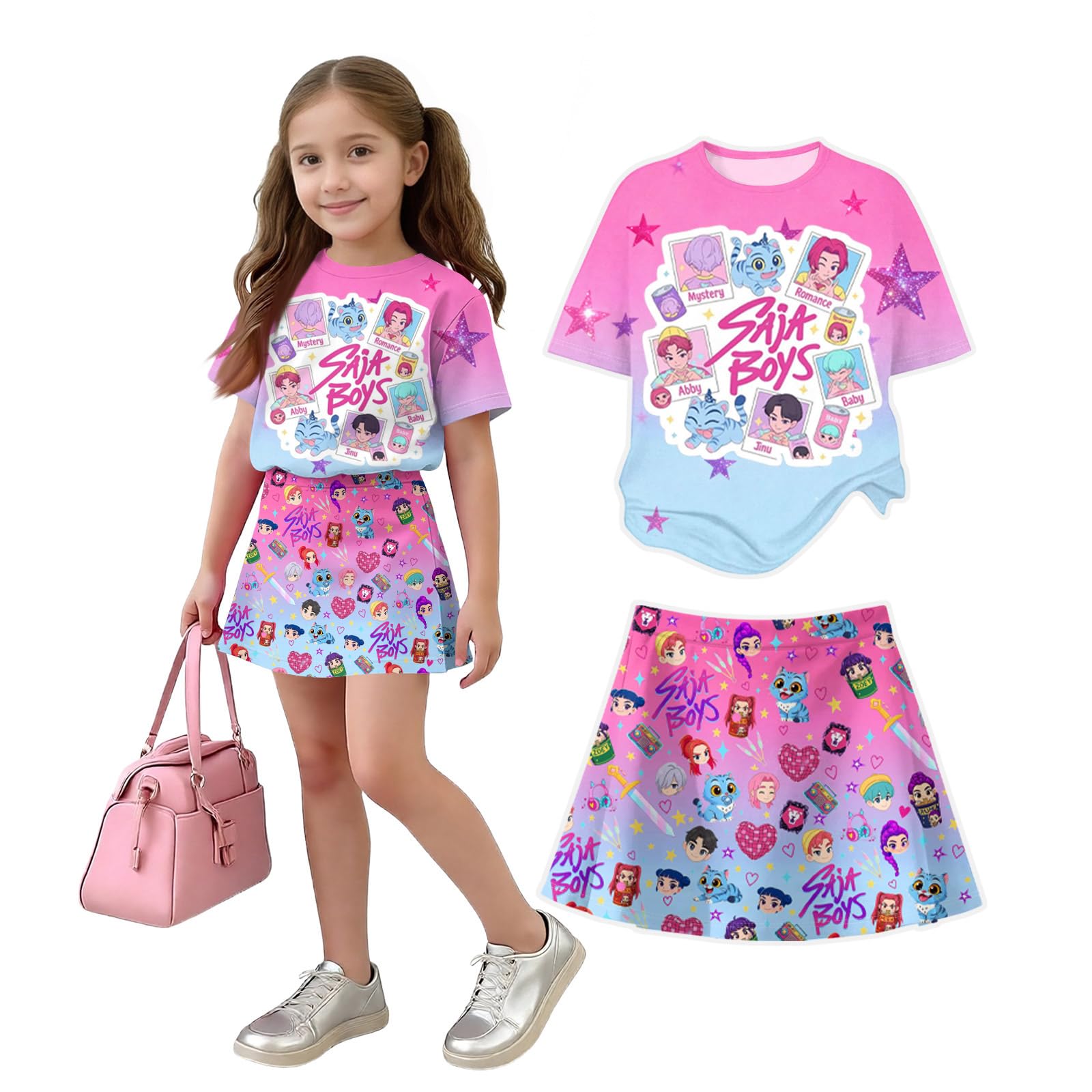 K Pop Short Sleeve T-Shirt and Skirts Outfits Set for Girls Hunters Girl's Anime Graphic Tees De-Mon Summer Sets — view 38