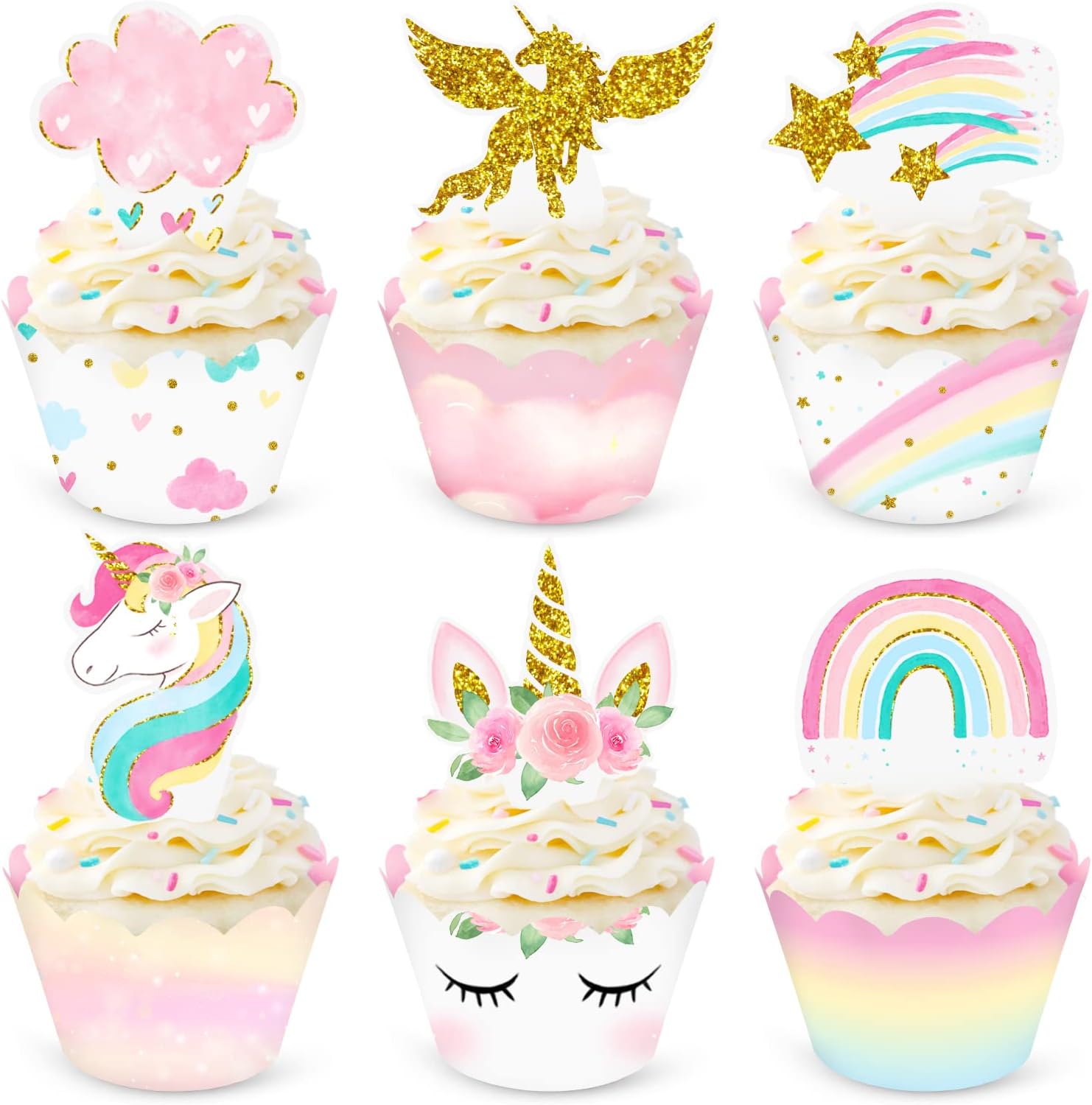 NICROHOME 30PCS Unicorn Cupcake Toppers and Wrappers, Reversible Rainbow Cup Cake Liners with
