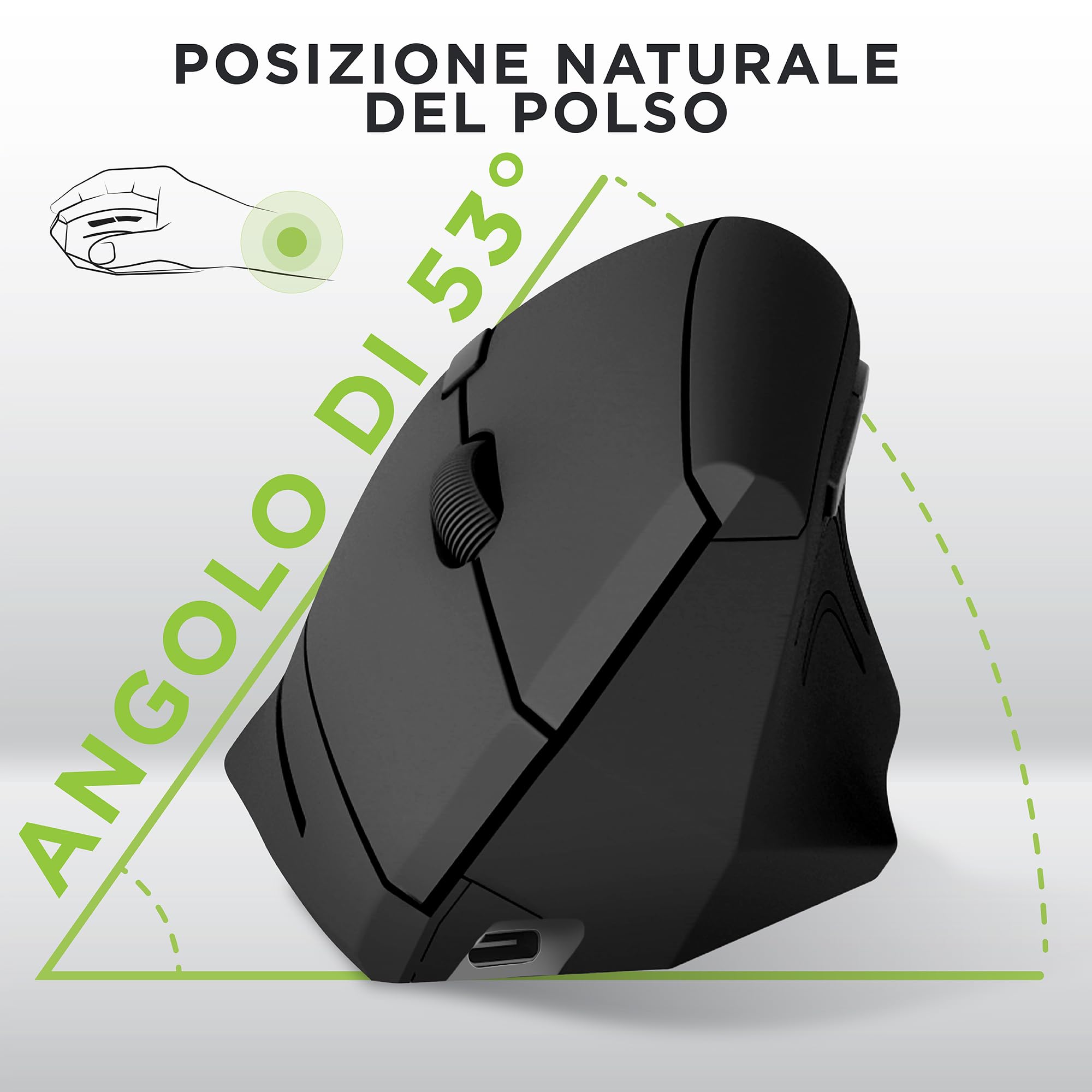 T'nB - Mouse Verticale Ergonomico Wireless, Inclinazione 53°, Riduce il Dolore al Polso, Bluetooth/USB-A, Tasti Avanti/Indietro, Comfort Ottimale - Nero