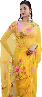 Arkia Women's Yellow Hand Painted With Hand Work Embroidered Saree with Pink Accents Cut dana Price In India