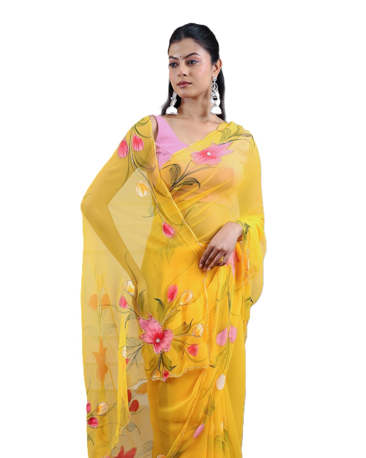 Arkia Women's Yellow Hand Painted With Hand Work Embroidered Saree with Pink Accents Cut dana