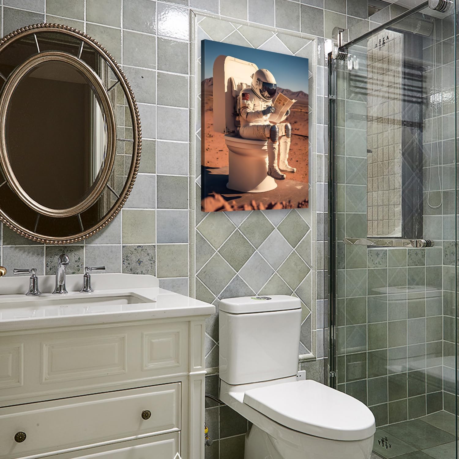 Framed Astronaut Wall Art Space Culture Painting Pictures Wall Decor Colorful Funny Astronauts On The Toilet Canvas Artwork Space Boys Room Home Decor For Bedroom Living Room Office 16X24 Inch