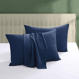 100% Egyptian Cotton Pillow Protectors Set of 2 Queen Size | 600 Thread Count Pillow Cases with Zipper, Silky Soft Sateen Weave Pillowcases, Breathable, Luxury Hotel Quality, Navy Blue