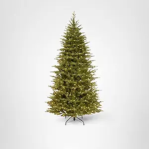 National Tree Company 7.5 ft Pre-Lit Nordic Spruce Slim Artificial Christmas Tree, 600 LED Lights, 3,268 Tips, Foot Pedal, 10 Light Functions, Includes Stand, Green