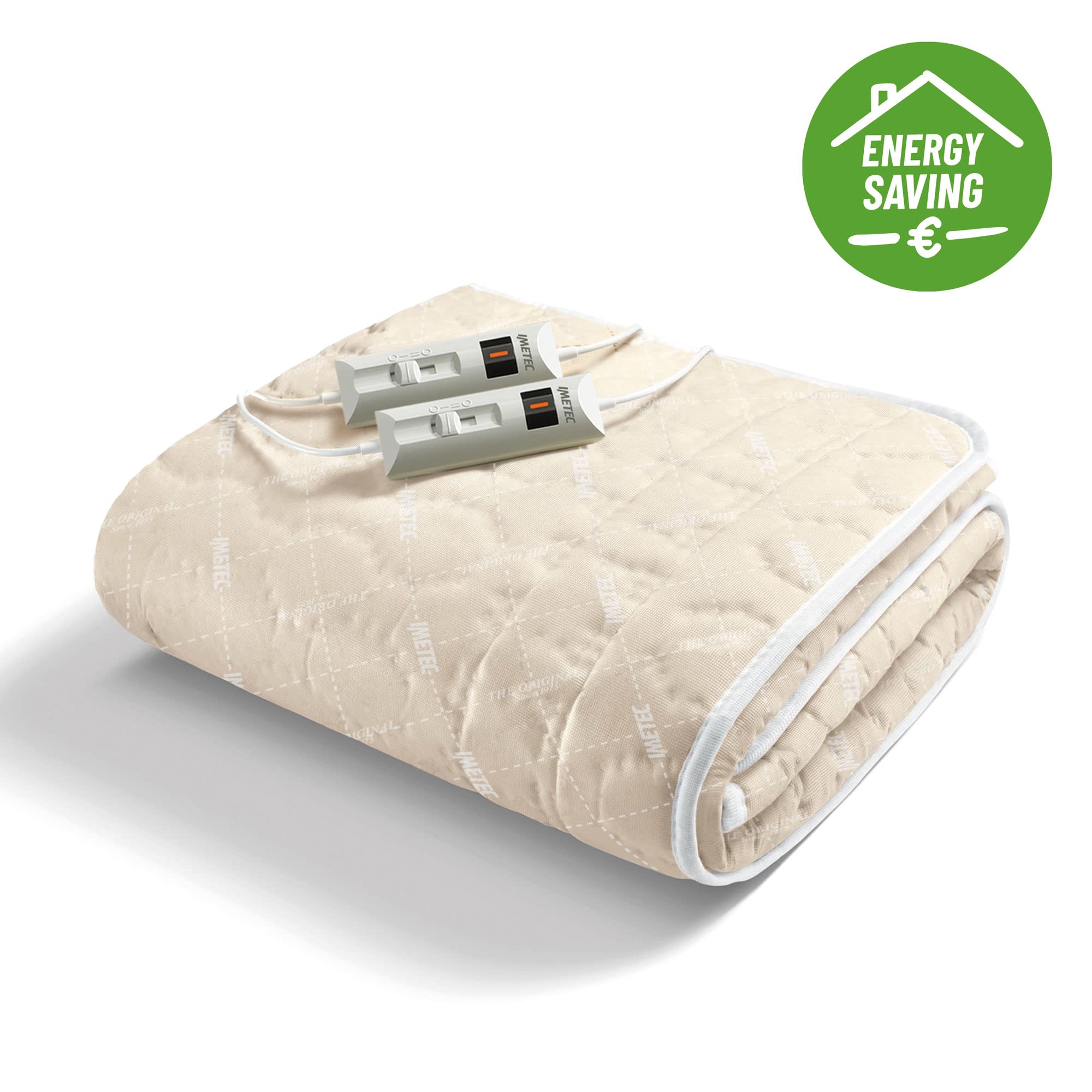 Imetec Calientacamas Matrimonial, 150 x 137 cm, 2 Mandos con 2 Niveles de Temperaturas, Tejido Acolchado, Lavable a Mano y en Lavadora a 30°, Sistema de Protección
