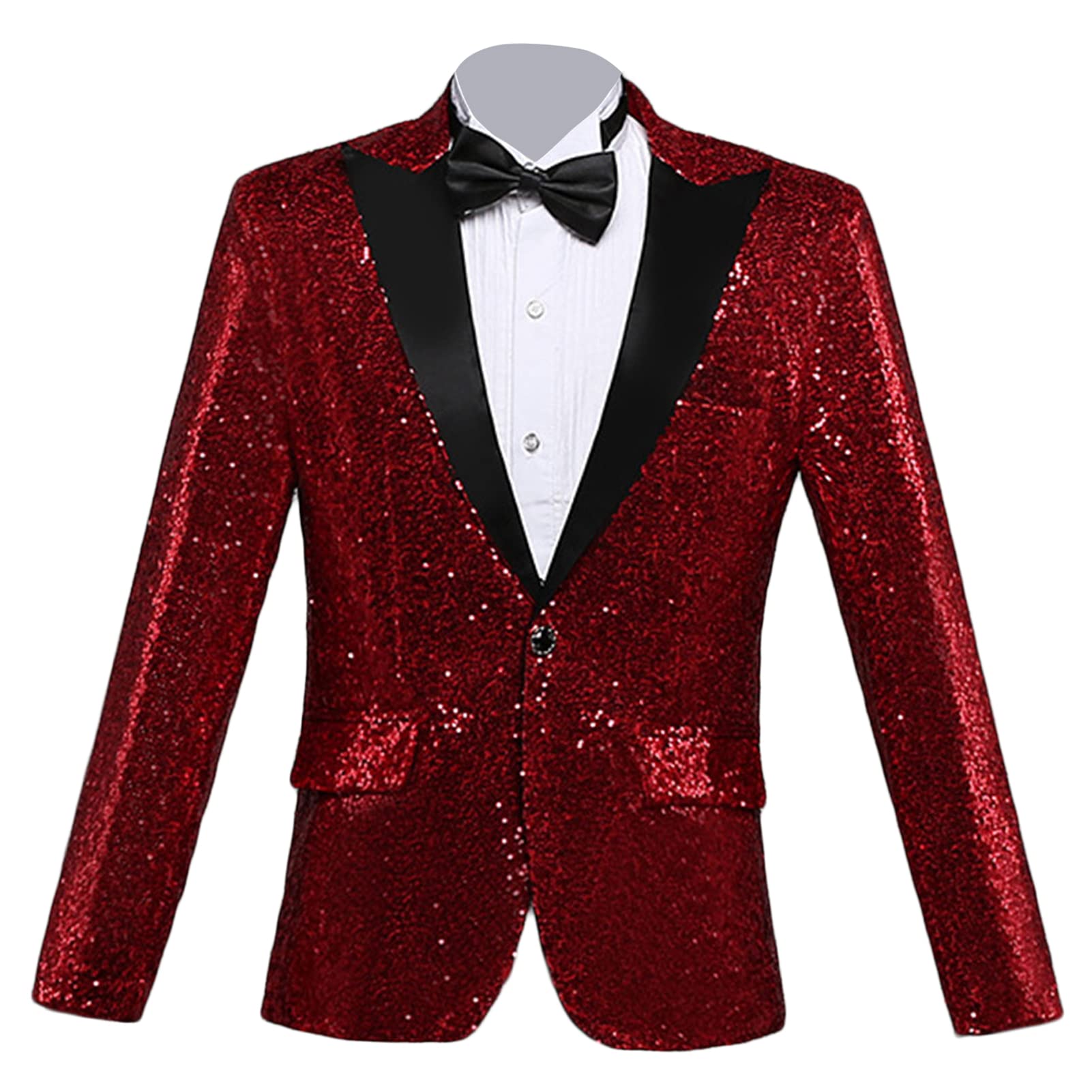Men's One Button Sequins Suit Jacket Shiny Sequin Slim Fit Banquet Blazer Coat Stylish Wedding Dinner Prom Tuxedo (Red,Small)