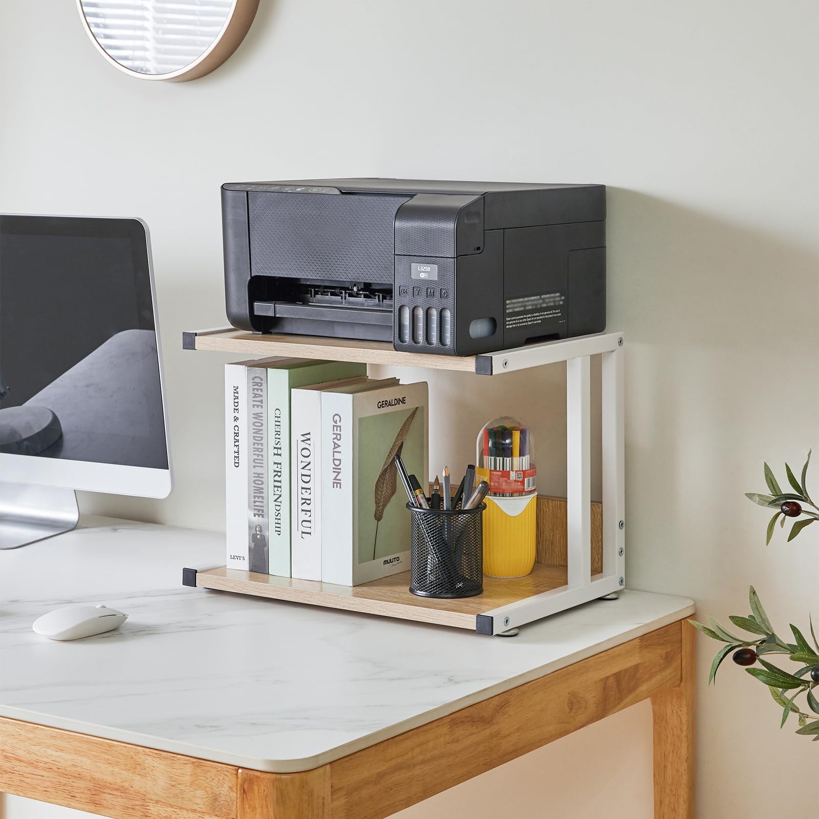 IBUYKE TLJ007R Support d'imprimante à 2 Niveaux pour imprimante, Bureau Mobile avec 4 Roues, pour imprimante, fax, Bureau à Domicile TLJ007R