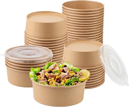 36 oz 50 Sets Large Kraft Paper Bowls with Lids, Paper Salad Bowls | Disposable Bowls with Lids, Paper Food Container with Lid Perfect for Hot/Cold Food, Soup, Salad, Ice Cream