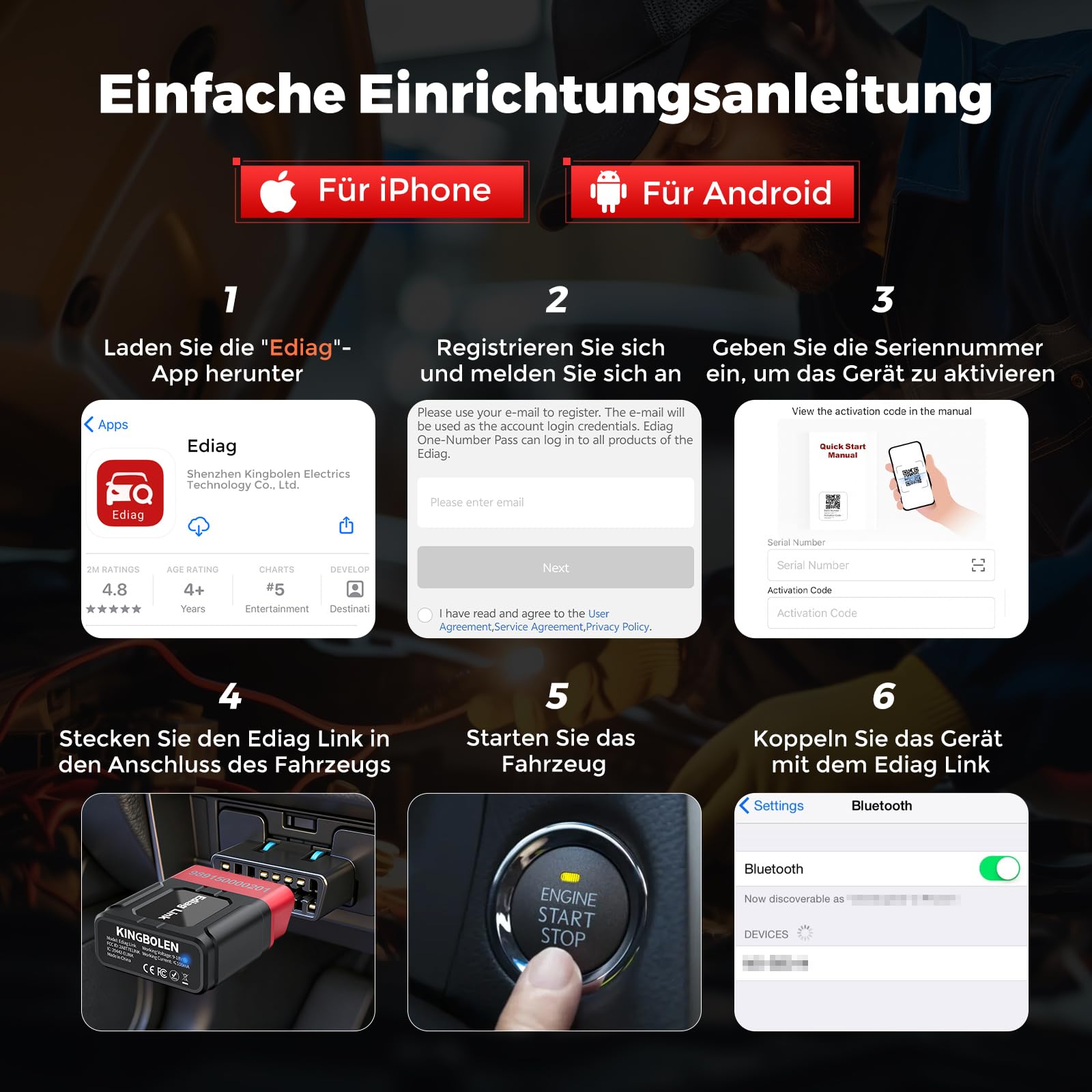 2026 KINGBOLEN Ediag Link OBD2 Diagnosegerät Bluetooth,Profi kfz Tester für Vollständige System,diagnosegerät auto mit 10+ Resets,Auto Auslesegerät mit Aktiver Test,FCA und Can FD,für iPhone & Android